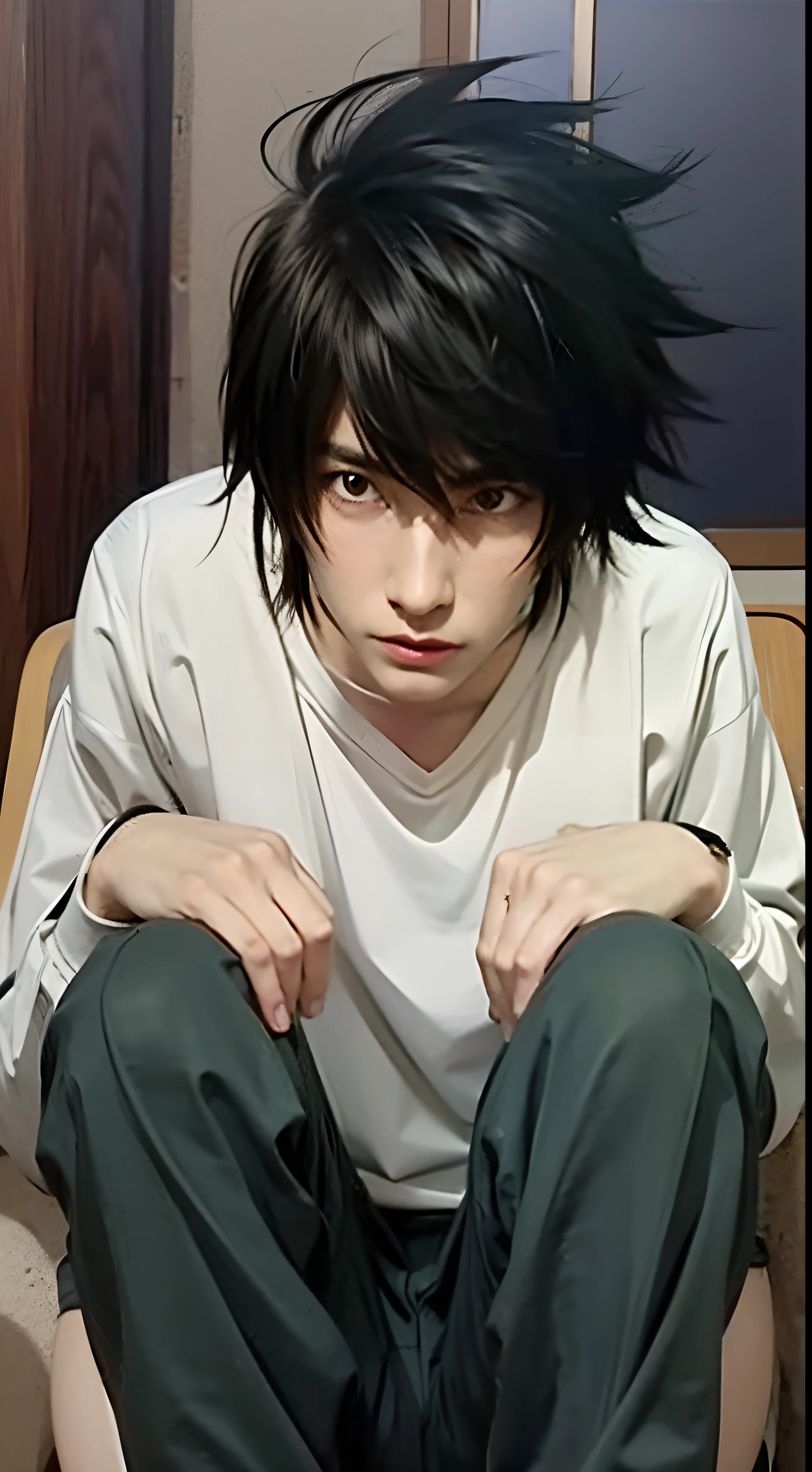 White long sleeve shirt, green pants, teenage man