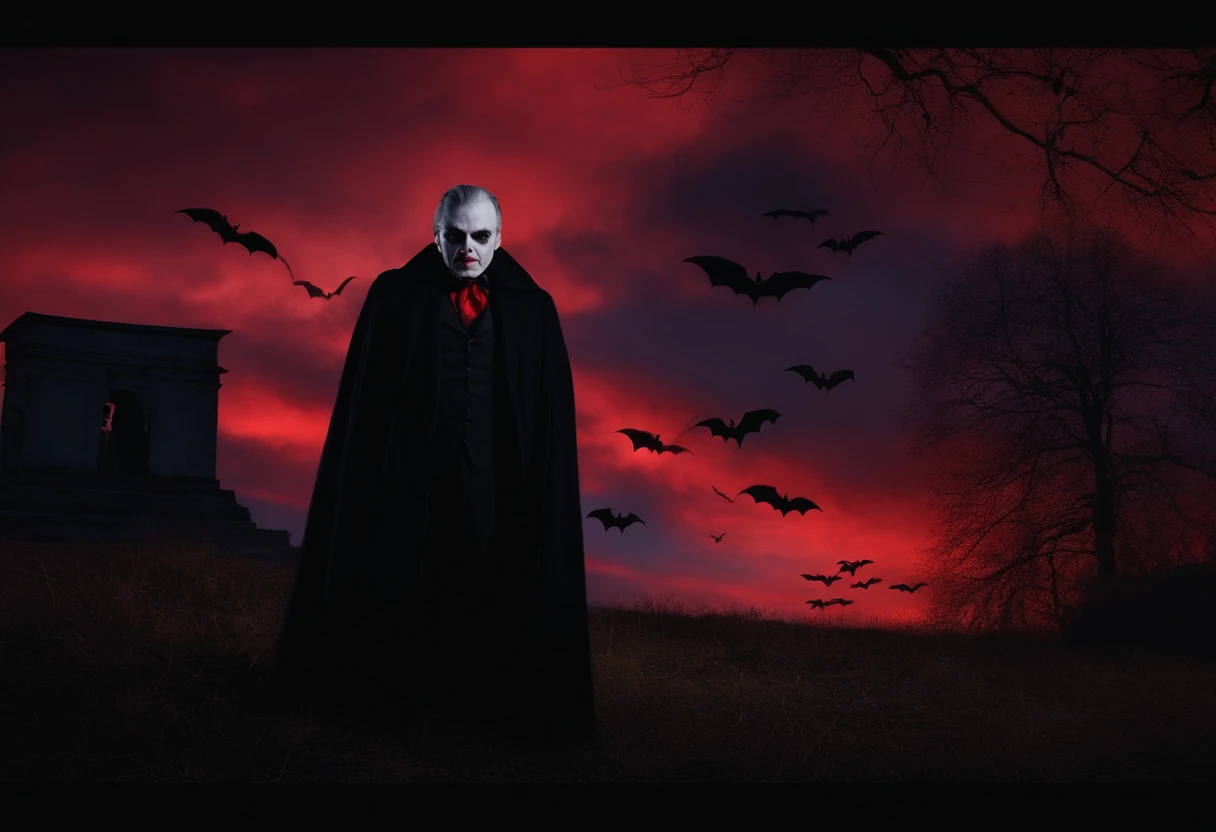 Death came,Vampire in a black coat,red color eyes,Bats fly around,Red sky,borgar,halloween,terroral,the phantom