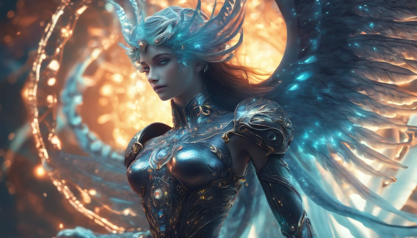 (best quality,4k,high-res,masterpiece:1.2),ultra-detailed,realistic:1.37,cosmic fallen angel,busty,glowing light eyes,biomechanical,eerie,creepy,brightly-colored,light particles,light glowing,mystical,medieval clothes,erotic