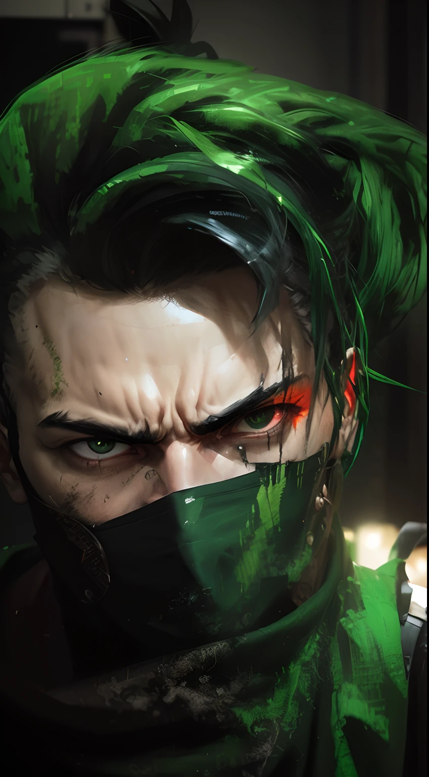 Real face Angry look, Realistic, angry eyes, gangster, criminal look, realistic, cyberpunk, me look like real, Dark hair, angry face expressions, hide face with green cloth, anger expressions on my face, look like goku hairstyle,