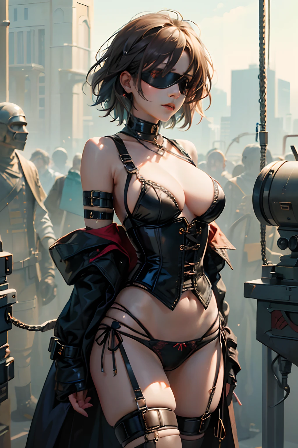 (Best Quality, Masterpiece: 1.1), (Fidelity: 1.4), 1 Girl, Upper Body, Very Short Hair, Studio, BDSM, slave, Black Corset, Bondage, Slave Collar, Slave, Panties, Woman Tied With Rope, Blindfold, Handcuffs, Bondage, BDSM, Bound