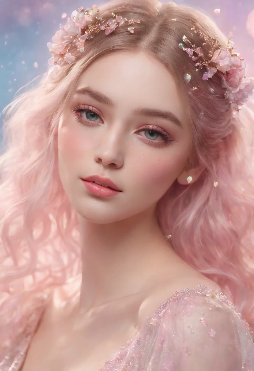 ((Masterpiece)). This artwork is sweet, Dreamy and ethereal, Soft pink watercolor tones with many gorgeous marshmallow accents. Spawn a delicate and petite animal,exploring (Bubblegum world with a variety of pastel shades). Her sweet face is extremely detailed and realistic,Elegant facial features,The expression is sweet and subtle,Looks like ((Gigi Hadid)). Includes adult features, Puffy and bendable lips, and stunning, Highly realistic eyes. HD and detail, Include a lot of details,Like stars, galaxias, Colorful bubbles, Colorful petals, And a lot of energy and emotion! Stars and colorful bubble gum bubbles are important! The background should be a dark flashing pink,With many interesting pink details. Including fantasy details, Enhanced detail, rainbowing, Colorful sparkling wind, and pollen. Pay special attention to her face,Make sure it's beautiful and realistic details. The image should be dreamy and ethereal.8K, Intricate, elegant, Highly detailed, Majestic, Digital photography,Full body like