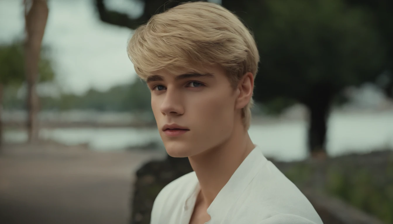 there is a man looking forward,bangs, short straight blonde hair, strong, Anton, handsome young man, 18 years old,