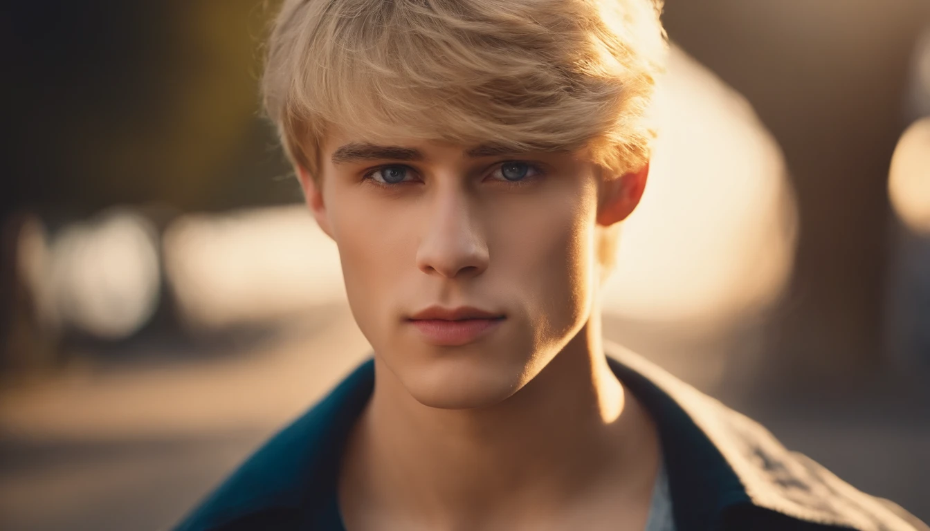 there is a man looking forward,bangs, short straight blonde hair, strong, Anton, handsome young man, 18 years old,