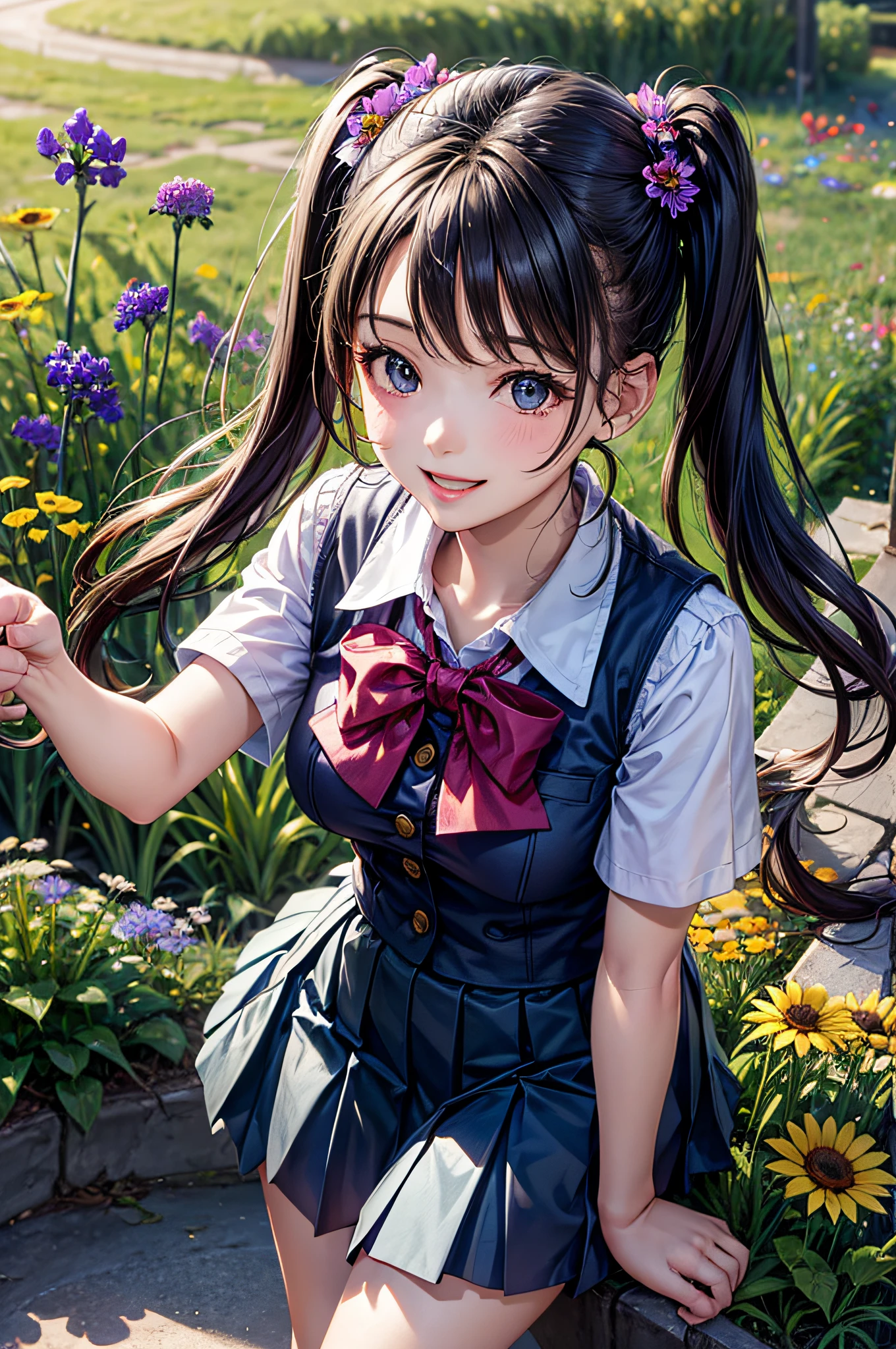 1young girls, (extremely detailed beautiful face), Smile happily, (Best Quality:1.4), (Ultra-detailed), (extremely detailed CG unified 8k wallpaper), Highly detailed, High-definition raw color photos, Professional Photography, Realistic portrait, Cinematic Light, ((twintails)), Bangs, (High School Uniform, Pleated mini-skirt:1.3), smile, ((meadow, flower garden)), (lots of wildflowers:1.5), (view from below),