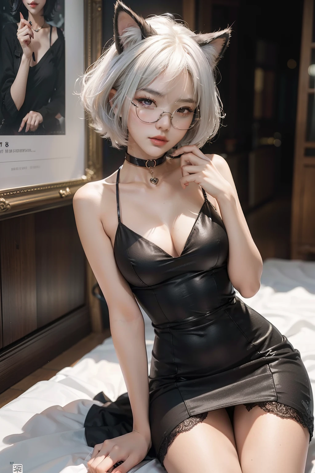 (masterpiece), (best quality), 8k resolution, 1girl, Asian girl, stunning beauty, perfect face, mature female, 20yo, girl with cat ears, sexy, short hair, white hair, black low-cut dress, wearing glasses, black choker, leg strap