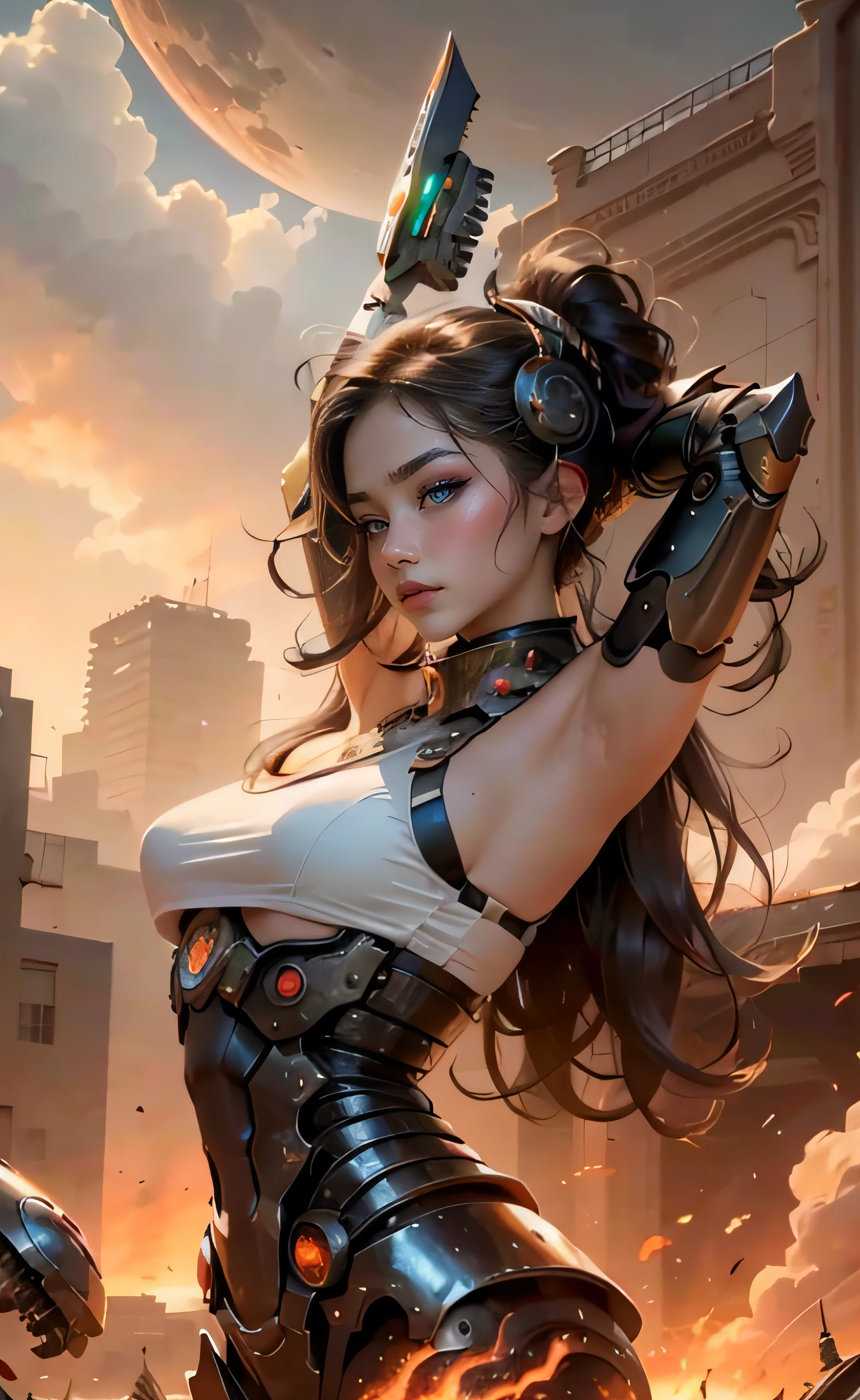 realistic visual effects,attractive beautiful,dramatic contrast,Gentle lighting,Delicate warmth,the soft light,hyper HD,Extremely colorful,best qualityer,perfect female shape,HighDynamicRange,long eyelasher,Unbeatable masterpiece,paleskin,putting makeup on,Sexy goddess,Large mechanical gears,Strange sky,The setting sun burns the clouds,8K high quality,Sexy goddess,A pair of big eyes are beautiful and moving,White skin,Makeup,Sexy outfit,【Background with】Large gears,Blue light comes out,Large gears,Doomsday ruins,Giant tornado,Strange sky,The setting sun burns the clouds,Multiple planets,The end of the world,Multiple planets,Mards,Jupiter,Mercury,Strange sky,Giant tornado。