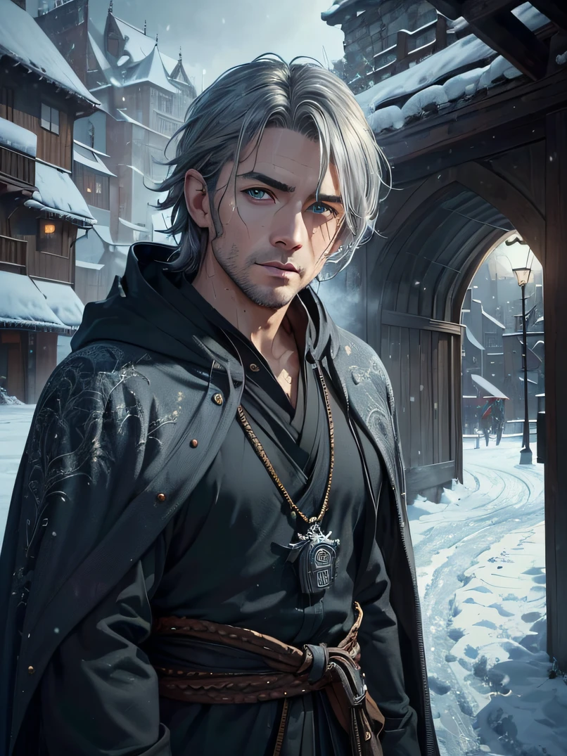 (((masterpiece、top-quality、ultra-detailliert、ighly detailed)))、Unique lighting effects、cowboy shot、face lights、(((Portrait of a 30-year-old young man)))、male people、Elegant person、Strong physique、Sorcerer、Black magician's robe with delicate and intricate pattern(Hooded)Wearing、(Wearing a black hood)、Dirty gray hair、(short jaw)、Big blue eyes、Detailed face and eyes、Sharp eyes、Focus on the face、Detailed hand depiction、Sarcastic laughter、the whole body is wet、Detailed hand depiction、Dimly lit winter morning、Oyuki、Snow-covered roads、Medieval city gate behind、Fantasyart、dark fantasy vibe、watching at viewers