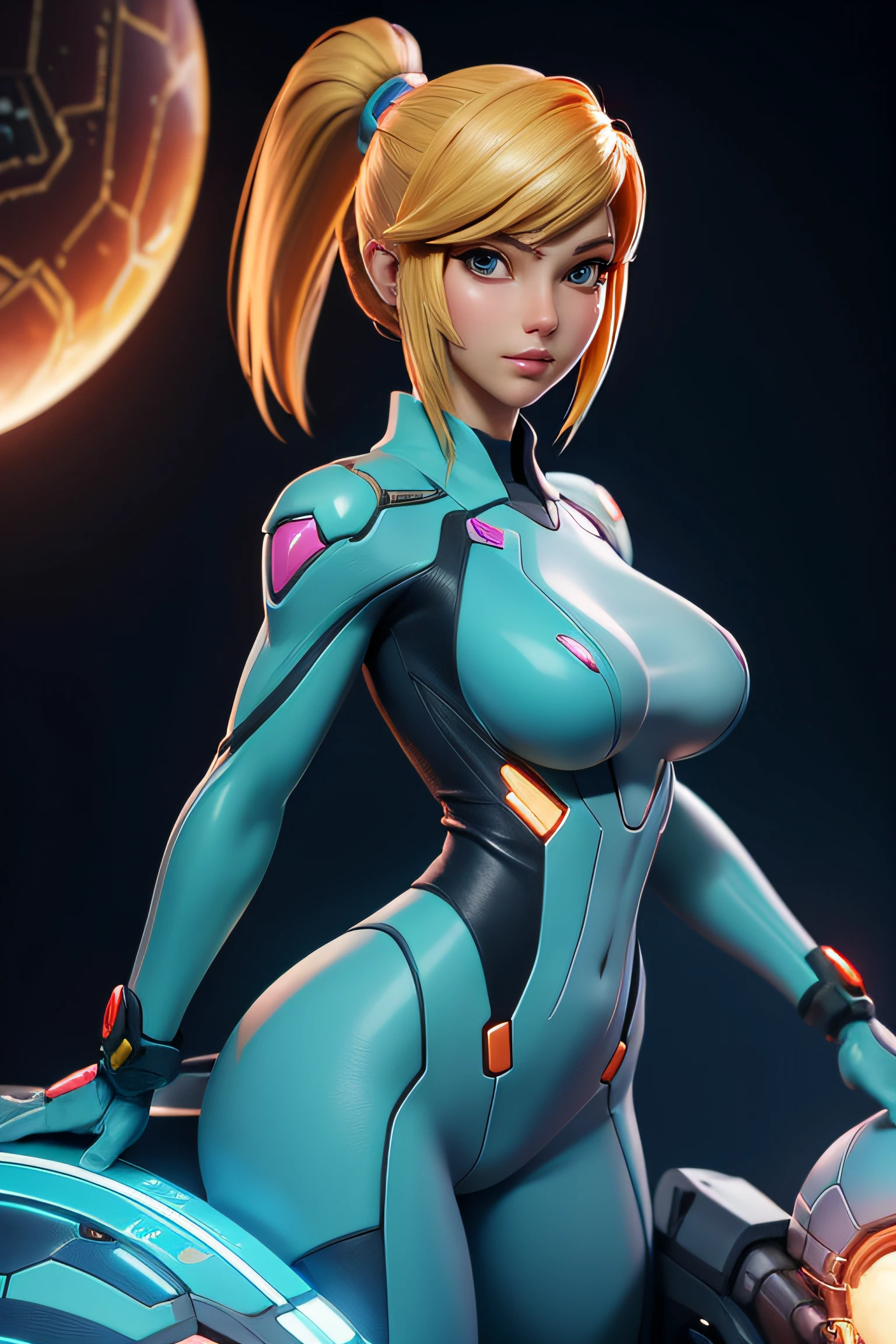 Close-up of a woman, samus aran from Metroid, on a spaceship, medium breasts, 4K Quality
