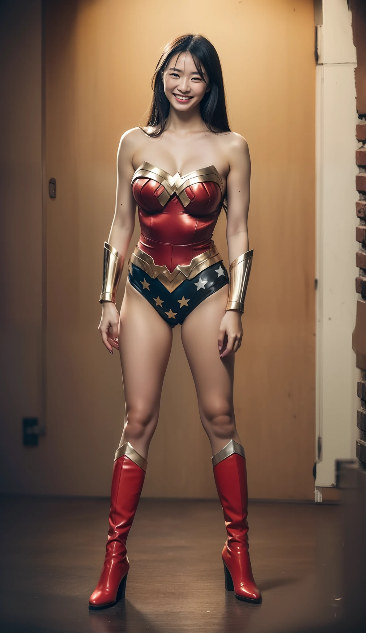 ((best quality)), ((masterpiece)), (detailed), Hayley Atwell as Wonder Woman in the year 1975. the costume is a perfect blend of Wonder Woman's iconic look with a historical retro 70's era twist, capturing both her strength and timeless appeal. 
The top is a bright red armored bustier with a golden emblem at the center, extending upwards to form a stylized a stacked double 'W' shape. The bustier is structured with angular lines, giving it a robust and protective appearance. 
The bottom consists of blue Cycling shorts adorned with a couple of white stars, maintaining the classic color scheme associated with Wonder Woman. The shorts are form-fitting and are short, skin-tight garments designed to improve comfort and efficiency while cycling. 
Her accessories include silver bracers on her upper arms. These bracers add to her warrior aesthetic and provide additional protection. Wonder Woman's hair is styled in 1970s waves, adding to the retro feel of the outfit. 