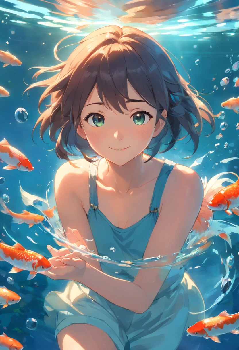 Eine junge Frau, die in einem Fischglas sitzt, umgeben von Koi-Fischen, soft smile