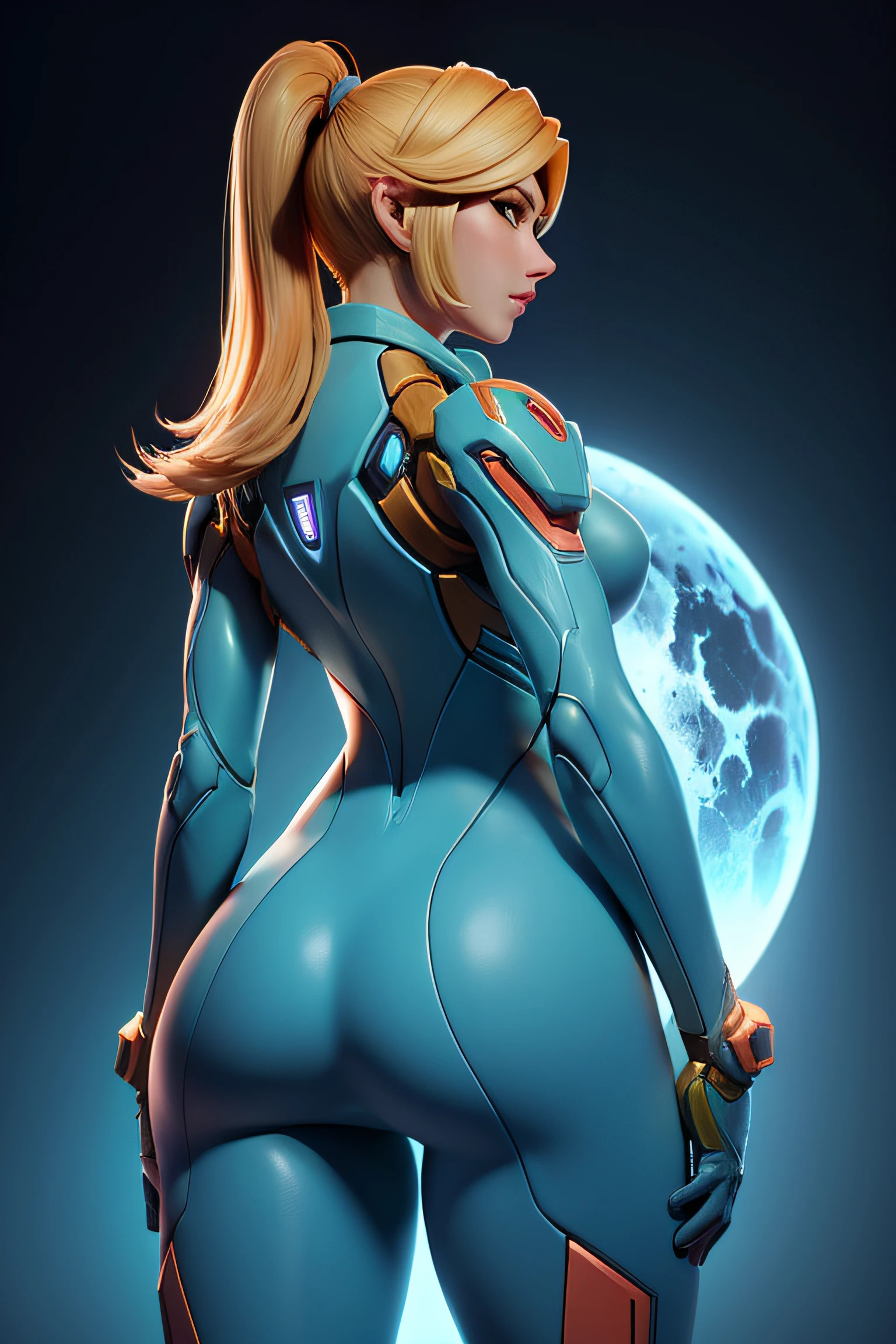 Close-up of a woman, samus aran from Metroid, on a spaceship, medium breasts, 4K quality, from behind, beautiful ass