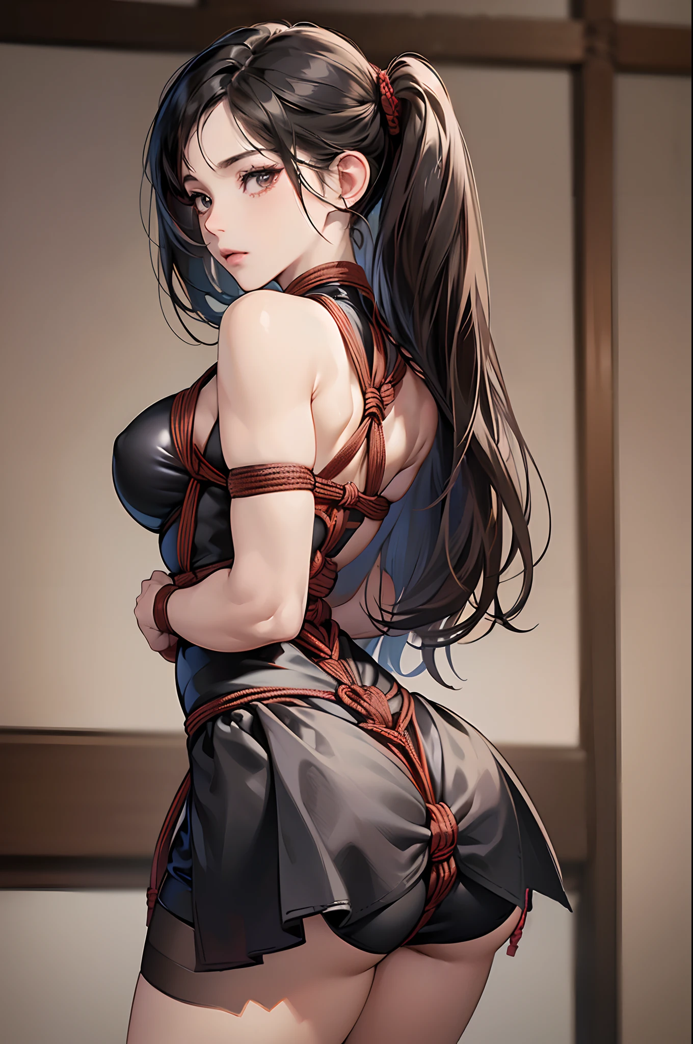 (shibari, arms behind back:1.4), (hands on back), (masterpiece, best quality) 1.5, 1girl, solo, (sexy, beautiful woman, perfect face, perfect eyes), tifa lockhart, black leather dress, sneakers, (reddish brown eyes, black hair, long hair), (shibari, arms behind back:1.4), (hands behind back)