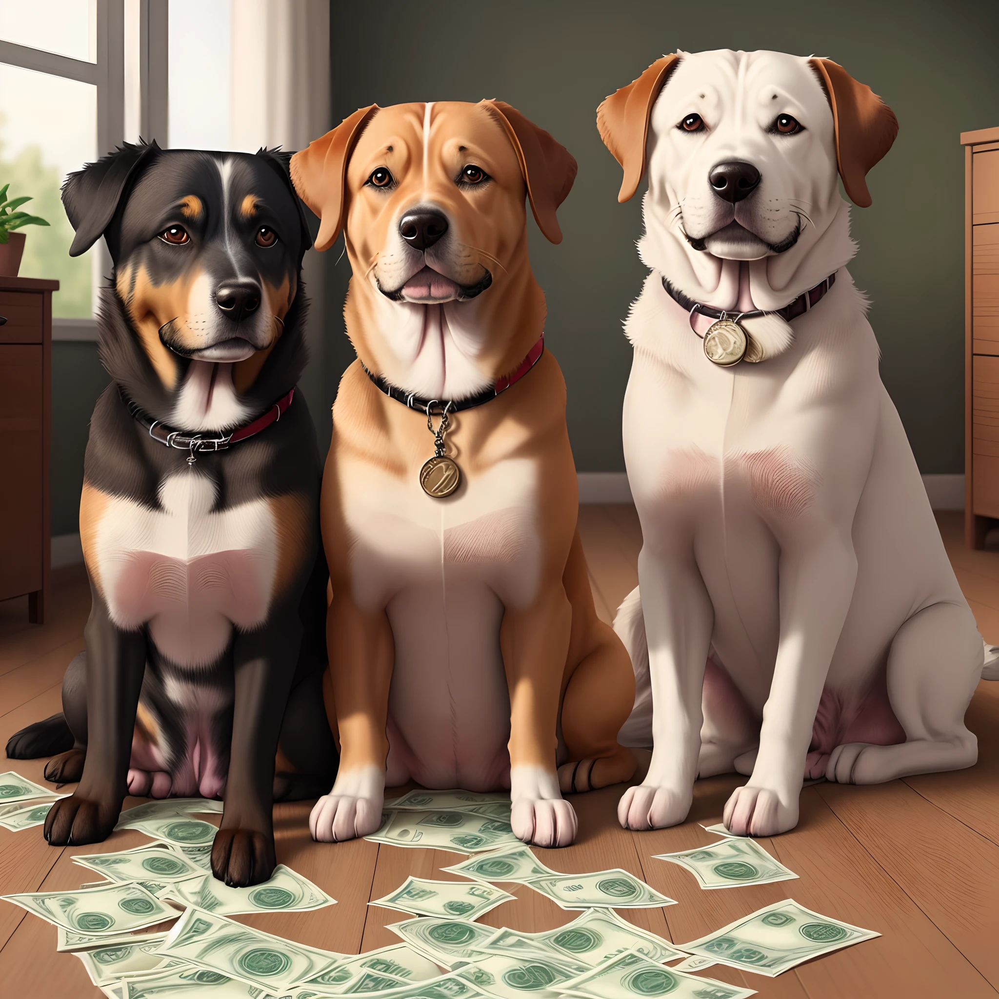 3 dogs are sitting at a room with a lot of dollars, they are talking about dollars