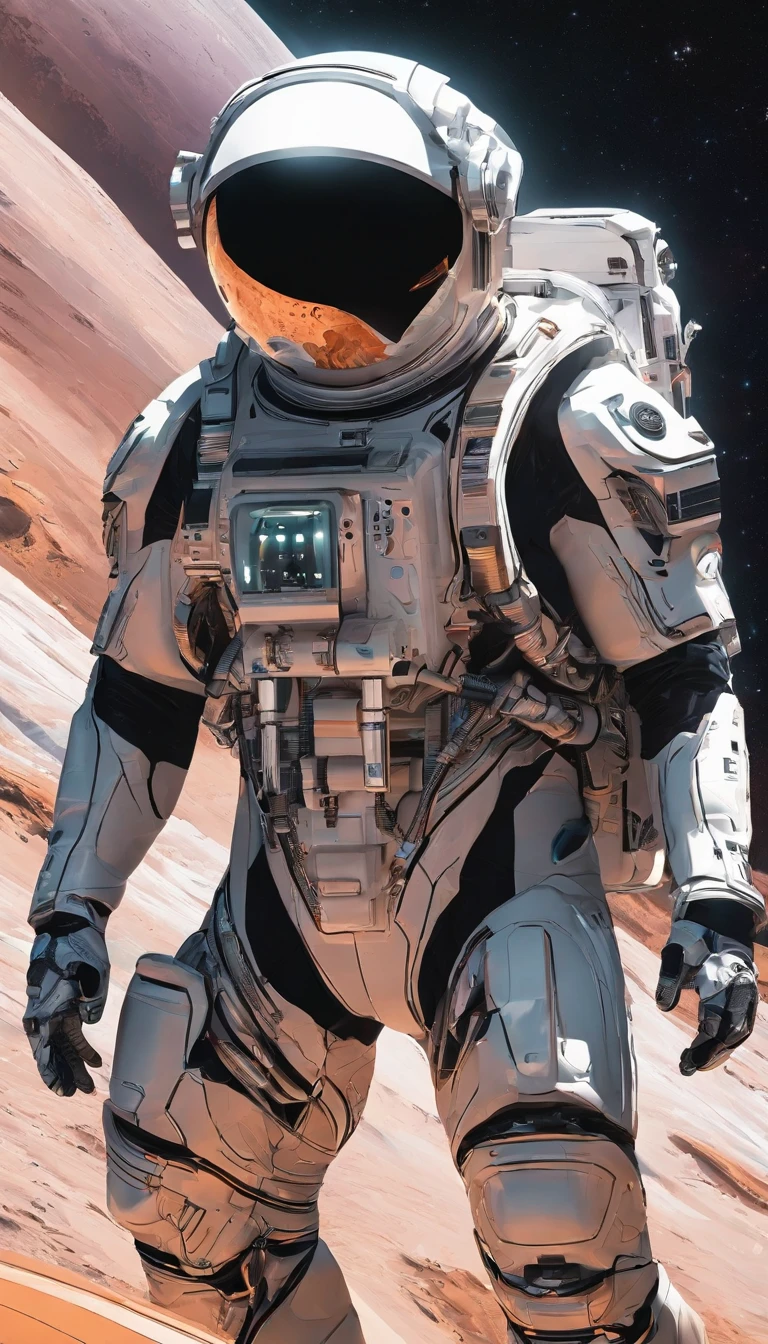 A human astronaut walks on Mars，The helmet has a bright silver reflective coating, Black background，Dynamic pose，The armband has a Chinese logo，