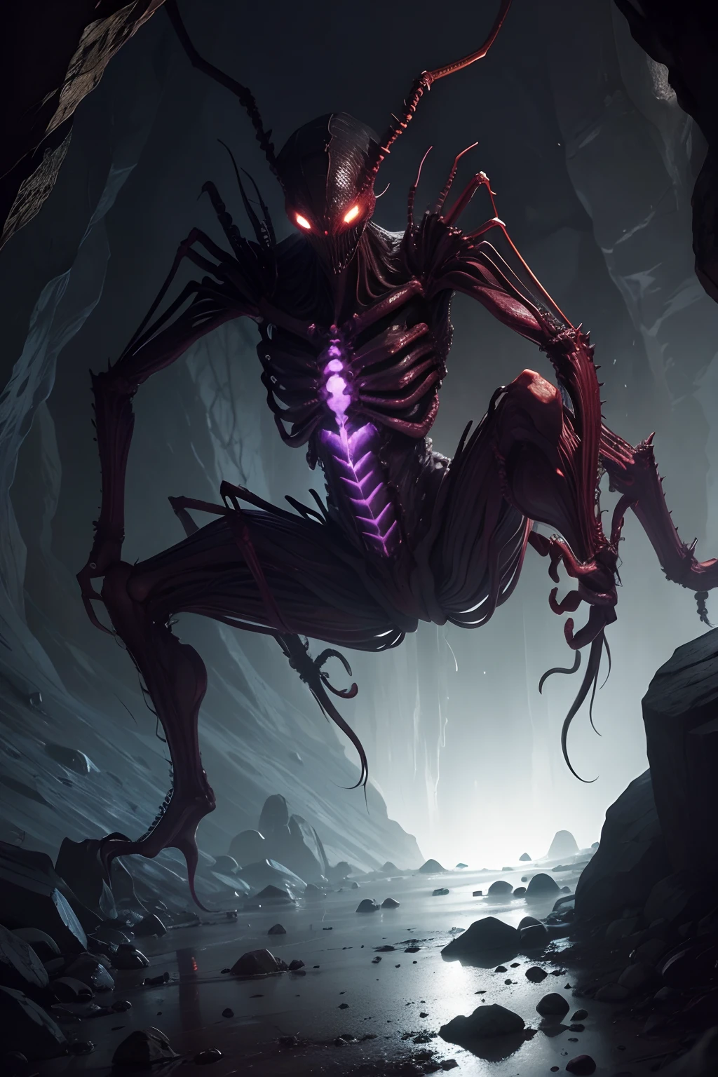 4-armed monster, half-alien arachnid appearance, in a dark and damp cave.
