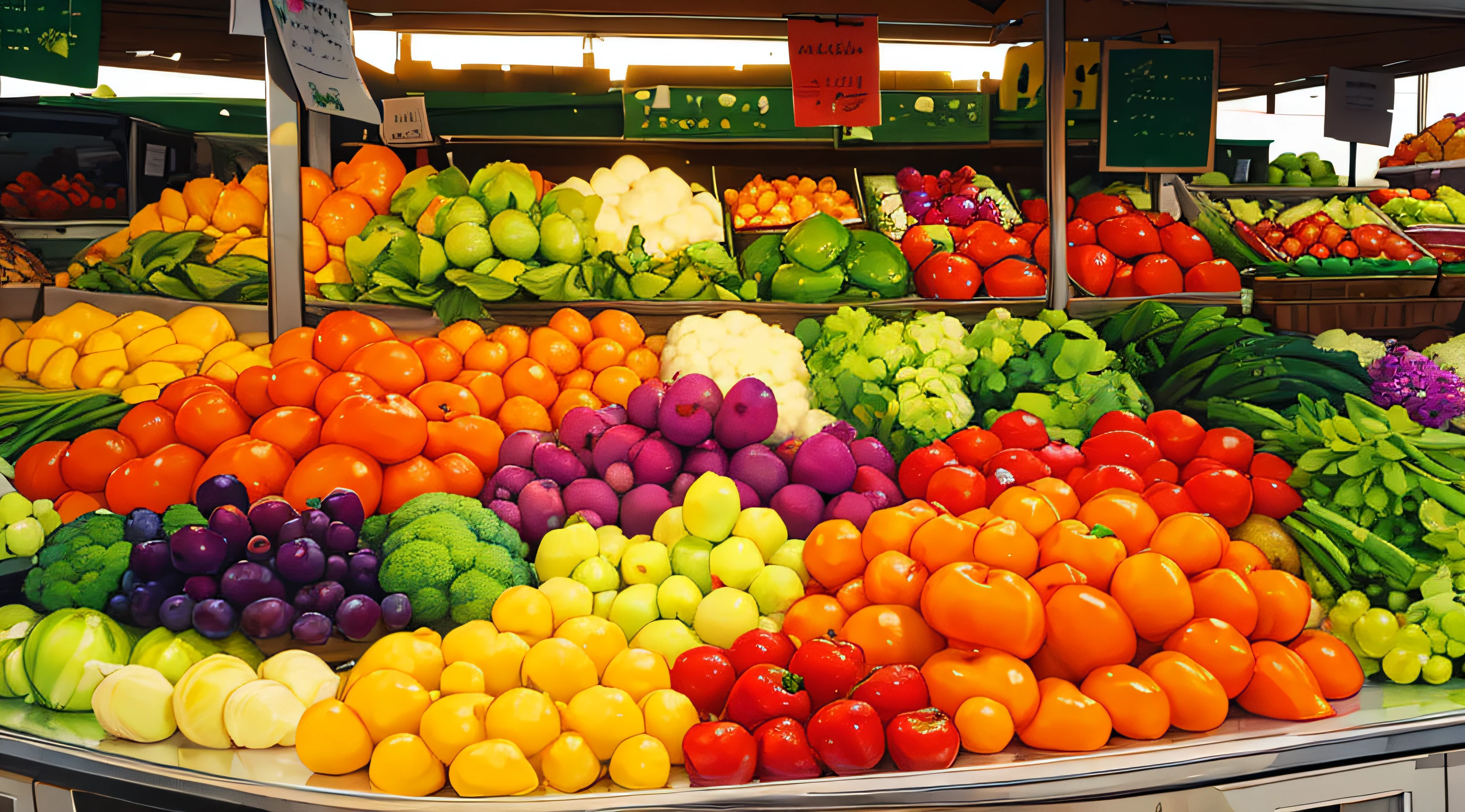 ((Masterpiece)), ((Best Quality)), A colorful array of fruits and vegetables arranged in a market display, promoting healthy eating and wellness.