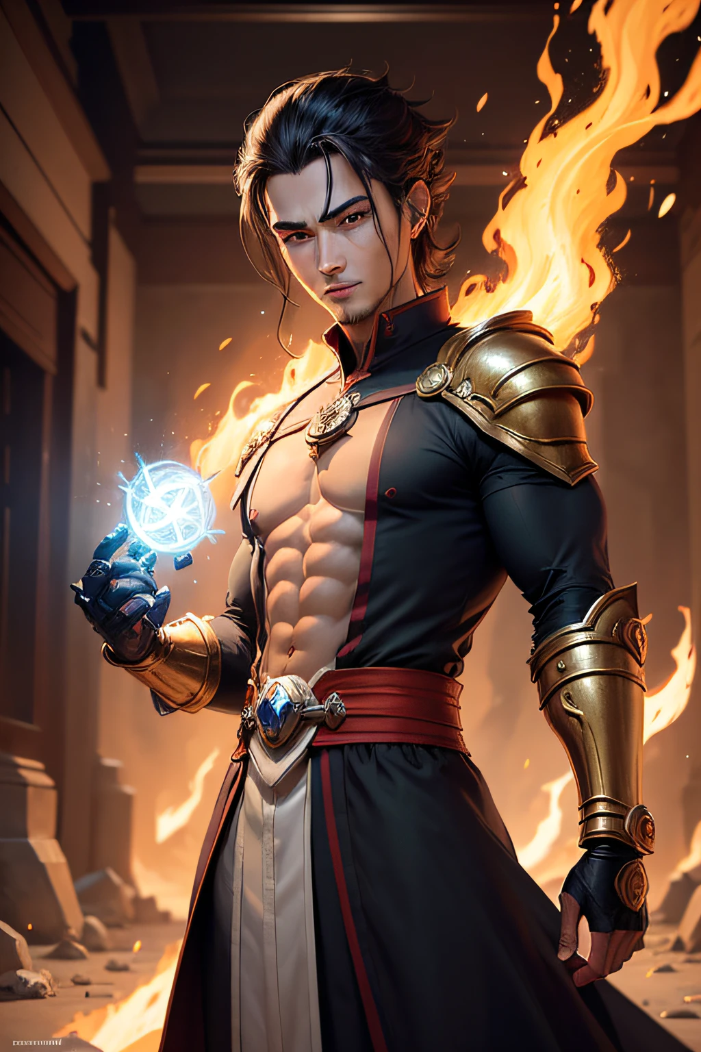 Realistic image of a handsome man, forte, cabelos longos e castanhos, olhos castanhos, arte em estilo anime, vestido com trajes pretos estilo alquimista com uma blusa preta por baixo, sorriso confiante, olho esquerdo roxo, firing several flaming punches, wide corridor of a royal palace with rubble, 1boy, Fire Nation Clothing, (avatar the last airbender), sozinho, cabelos pretos, fogo, escuro, cabelos longos, sorrindo, olhos abertos, Meditando, sentado, Avatar Meditation, 14 anos, fundo fogo, Nação do fogo de Avatar The Last Airbender, olhos abertos, olhos brancos puros, setas de avatar, poderes de gantlet, Destruction Fund, sol, heaven, nuvem, (olhos cianos: 0.6), Homem, (((power gauntlet)))