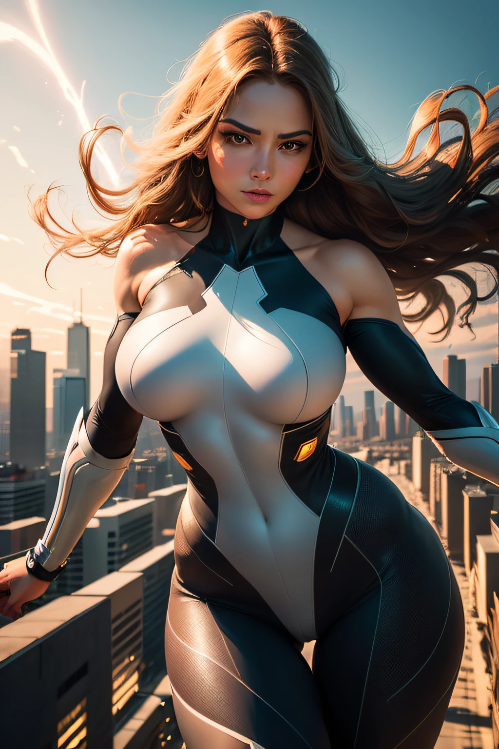 (best quality,4k,8k,highres,masterpiece:1.2), ultra-detailed, (realistic,photorealistic,photo-realistic:1.37), a woman superhero, powerful and confident, wearing a sleek and form-fitting suit, with vibrant and eye-catching colors, futuristic and cutting-edge technology embedded in the suit, glowing lines tracing her body contours, shining armor, displaying her extraordinary strength, flying in the sky with gracefulness and authority, soaring above the city skyline, skyscrapers towering beneath her, capturing the awe and admiration from onlookers below, the wind tousling her flowing hair, determined expression and intense gaze, symbolizing hope, justice, and protection, surrounded by an aura of energy, emanating a bright and vibrant light, as if pulsating with power, with a cityscape as the backdrop, illuminated by the warm and radiant colors of sunset, casting long shadows, enhancing the superhero's heroic silhouette, casting rays of light onto the streets below, inspiring the people, instilling a sense of safety and security, invoking a feeling of empowerment and optimism, a beacon of strength and resilience in a world that needs a hero.