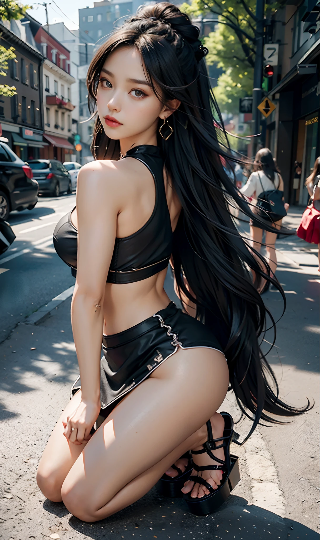 (the street:1girll,Black color hair,Double twist braid,Kneeling pose)Normal posture, ear studs,Crop tops,Superskirt,(Platform sandals),Jade foot, eye shadows,depth of fields, A high resolution, ultra - detailed, filigree, RAWE is very detailed, very detailed eyes and faces, Sharp pupils, realistic pupil, tack sharp focus, cinmatic lighting,full bodyesbian,Bigboobs,long leges,From the front side,banquet,dynamicposes,Normal posture,closeup of face