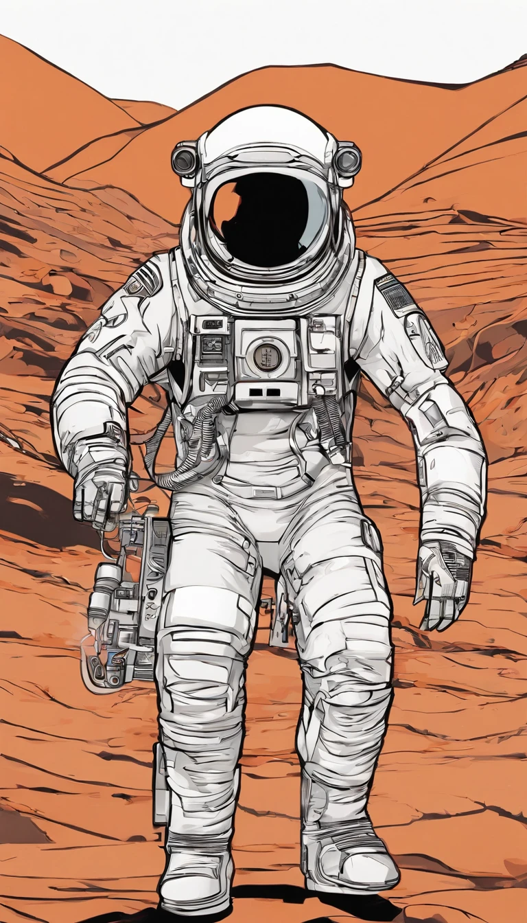 A human astronaut walks on Mars，The helmet has a bright silver reflective coating,A cat follows along，Black background，Dynamic pose，The armband has Chinese emblem，Full body like，