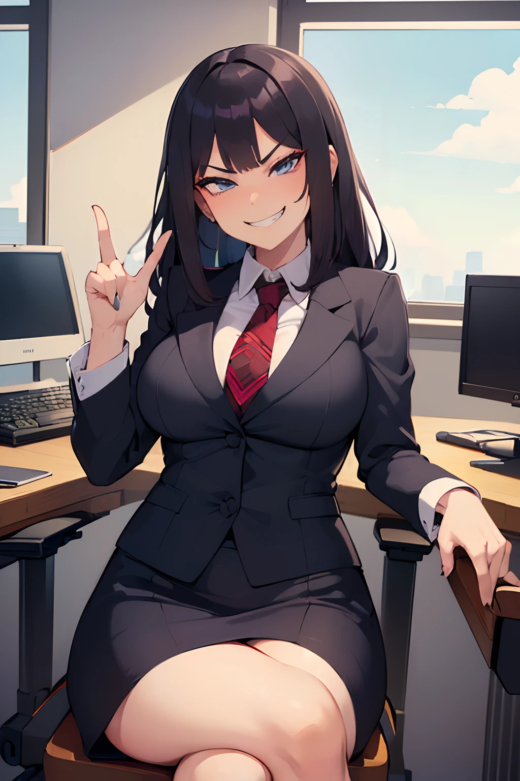 (((cheeky looking buisness woman with a devious grin, making a smug and haughty expression, sitting in an office chair)))