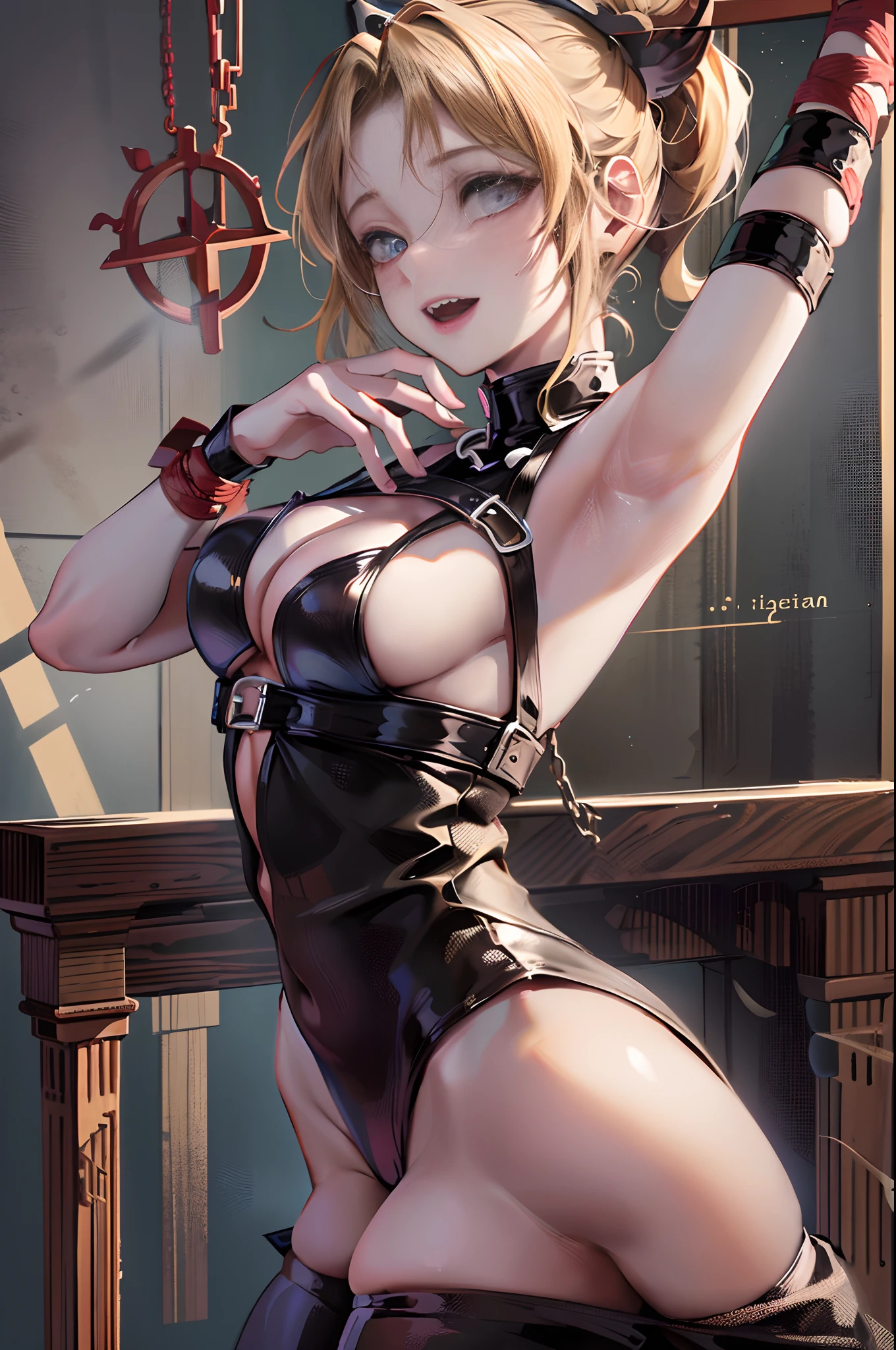 A Finnish girl, Oily skin, randome pose,(Tethered chai zhang:1.2), submissive, Hang up, hands apart, Hands up, perfect ass, Arched back, ([Looking : looking over shoulder : 15]:1.6), (dark shot:1.2), double tails, (Intricate details:1.12), (Intricate details, ultra - detailed:1.15), hdr, dungeon, (At night:1.2), fireplace, Warm light, Dramaticlight, Cinematic, (closeup cleavage:1.2), Bondage, BDSM, BDSM Dungeon, satyr, Restraint, Bound, Tied up, Bound arms, Bound hands, full restraint, Bound body, Bundle with chains, Bound hands, Blonde hair, Open mouth, Slight smile, Blushing, bdsm outfit, Vampire teeth, Hardcore BDSM