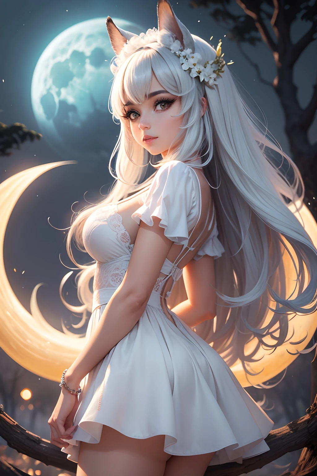 Content Idea: No brilho da lua cheia, uma raposa de nove caudas com o semblante de uma bela mulher, adornado em um quimono branco, looks at you with a captivating look.
