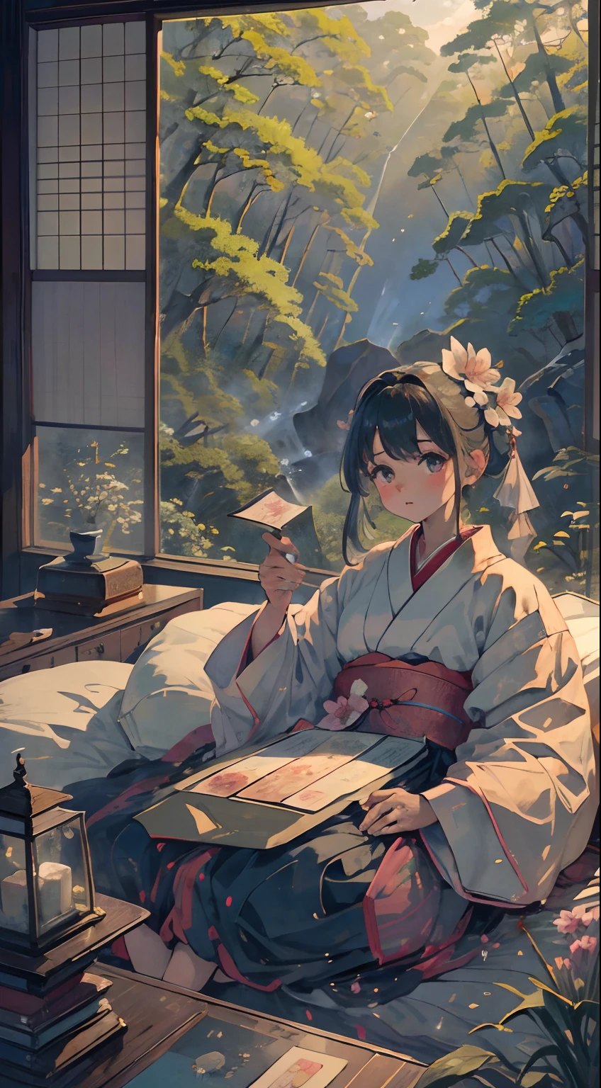 Highest image quality, outstanding details, ultra-high resolution, (realism: 1.4), the best illustration, favor details, highly condensed 1girl, with a delicate and beautiful face, dressed in Japanese , sittingi on bed, the background(Sakuraflower ,mount fugi,dense forest). --auto