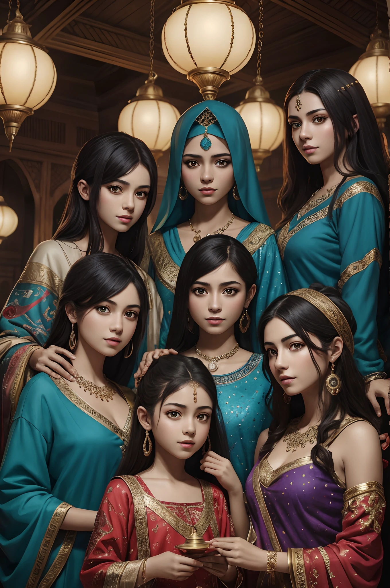 top quality, best quality, High-quality illustrations, masterpiece, super high resolution, detailed background, detailed background, Aladdin, (alebrijes art style),The Arabian palace's Entertainment, Sassanid, turkish lamp,group shot:0.1,  6+women, 6+girls, absurdres(highly detailed beautiful face and eyes)perfect anatomy, expression, good lighting, cinematic shadow,(kemono,),