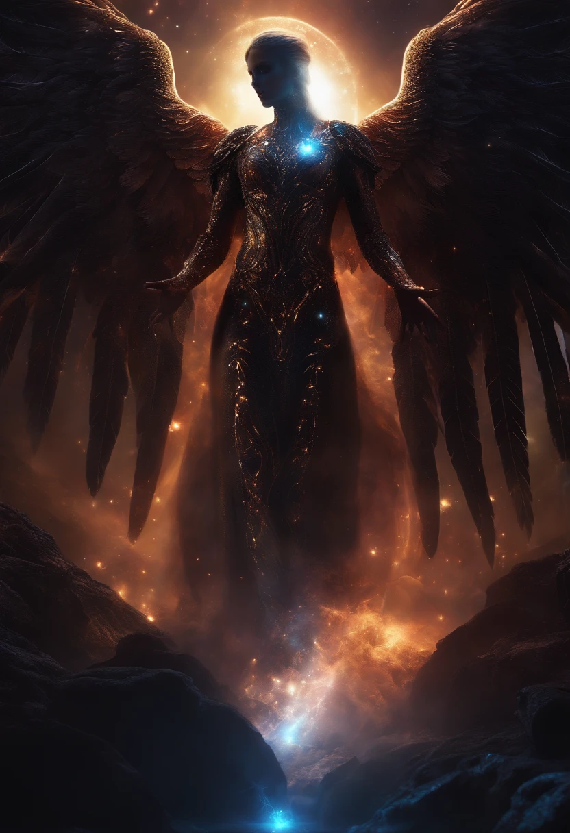 Cosmic Fallen Angel, glowing light eyes, Biomechanical, eerie, Creepy, nightmarish, Very bright colors, Light particles, with light glowing, Mshiv, wallpaper art, UHD wallpaper