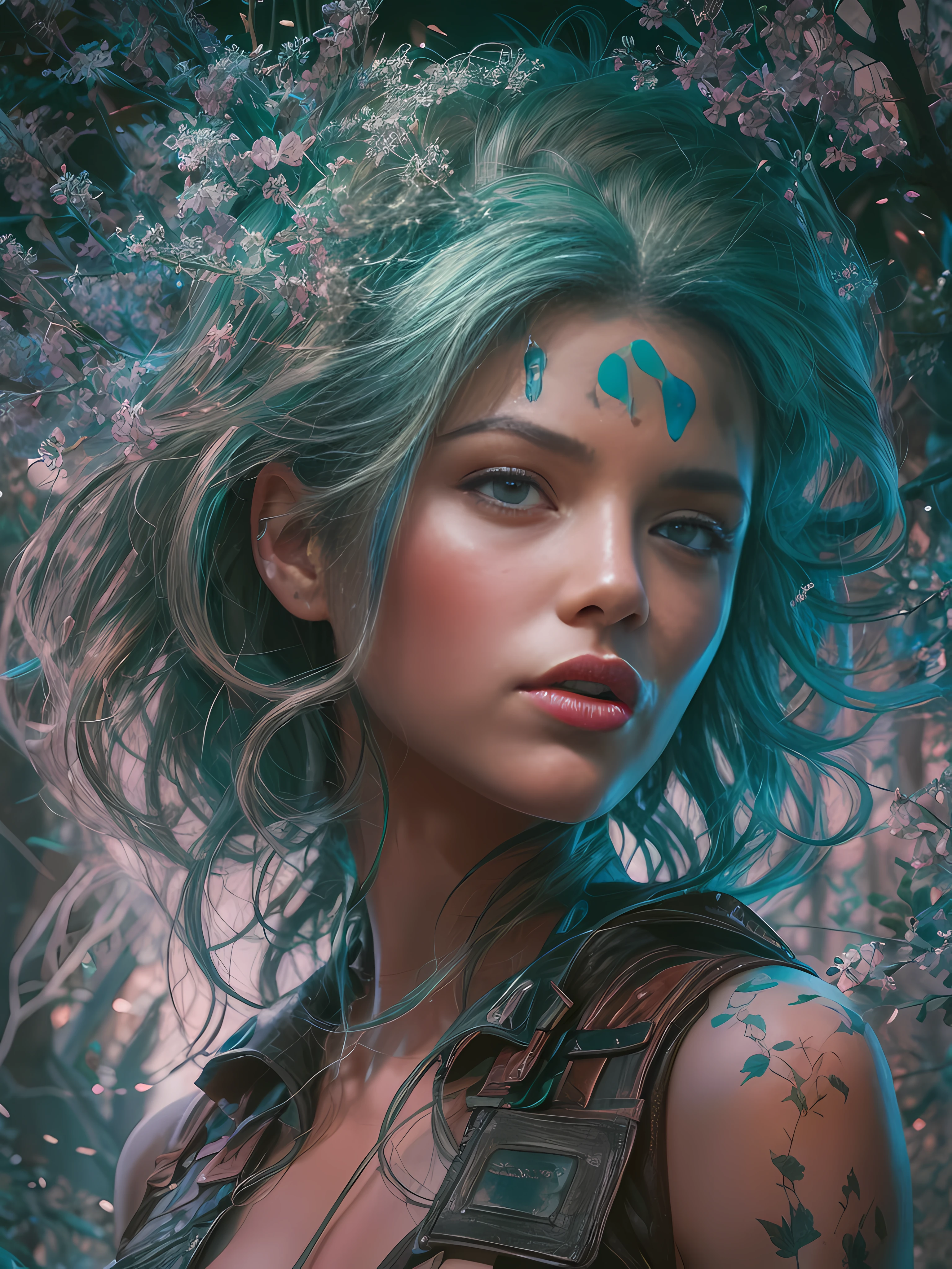beautiful girl with multicolored hair (green. blue. pink, purple, black. white strands), beautiful eyes and plump lips, standing, spring tree, breeze at dawn, alcohol ink painting, psychedelic art by Dan mumford and Kelly fink, Datamoshin..., cinematic, 4k, stills from Steven Spielberg's epic film, clear focus, LEDs, smoke, artillery, sparks, racks, system unit, motherboard, pascal blanche rutkowski, hyperrealistic repin artstation painting, detailed character design concept art, matte painting, blade runner in 4k resolution, Mysterious