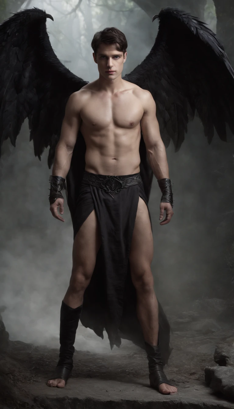 {Create a full-body shot dark fantasy illustration of} a shirtless, barefoot, pantless, 23-year-old male model with short dark hair who is {embodying} Devil's, the fallen angel, {who is looking at the camera and displaying his entire body, including his abs, chest, arms, and legs, while wearing a skirt-like super short black loincloth}. {He should radiate flawlessness, with a deep dark and evil presence, short messy dark hair, a strong jawline, and great deep blue eyes}. {Position him} in a vast, gothic cathedral, {with the floor submerged in black whaters}, creating an ominous and supernatural setting. {Use} a combination of digital illustration techniques to {enhance} the dark fantasy aspect, {and include} intricate details in Devil's huge massive black wings coming out of his back, the wrinkles in his loincloth and his surroundings. {The full-body shot image should evoke} a sense of awe and dread, {capturing} the Devil's power while directly looking camera, hyper detail face, hd. 8k,