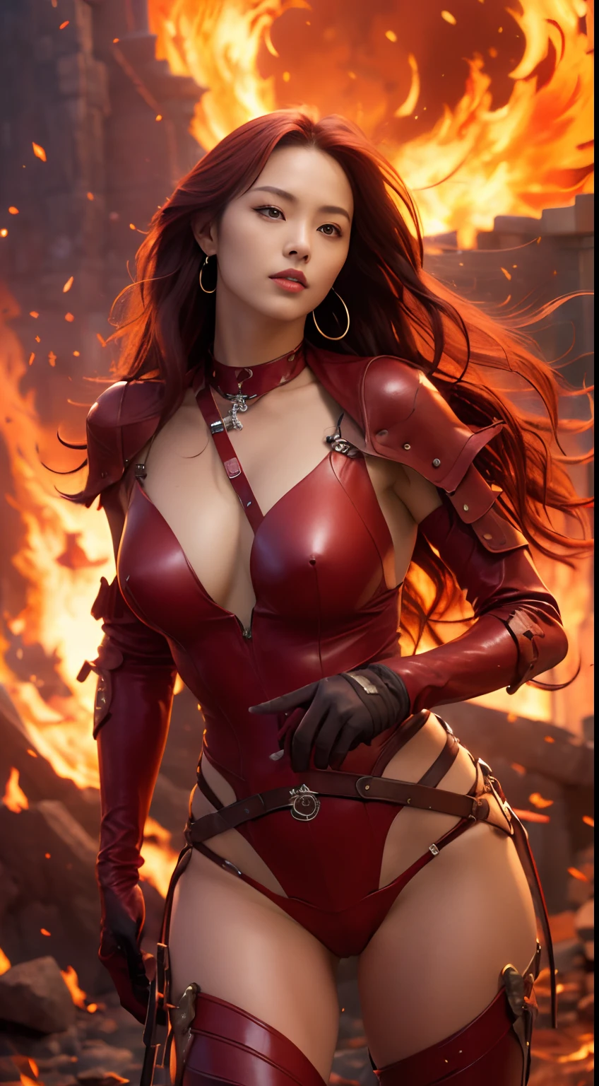 (Best Quality,4K,8K,hight resolution,masutepiece:1.2),Ultra-detailed,(Realistic,Photorealistic,Photorealsitic:1.37),Beautuful Women, 20th generation female,long wavy red hair, piercings，Akame, sharp gaze,Red leather,body suit,gloves,Covered to the toes,Mystical decoration,cross belt, Chest,Proudly,realistic illustration,loimu, Giant flames, Cover the entire sky,Expressed throughout the body,Looking up at the sky, Reach for the sky, (Special effect),Fantasy, Holding a huge Japan sword,Burning Blade,battle field,Warrior,swordsmen,Beautiful and goddess-like woman