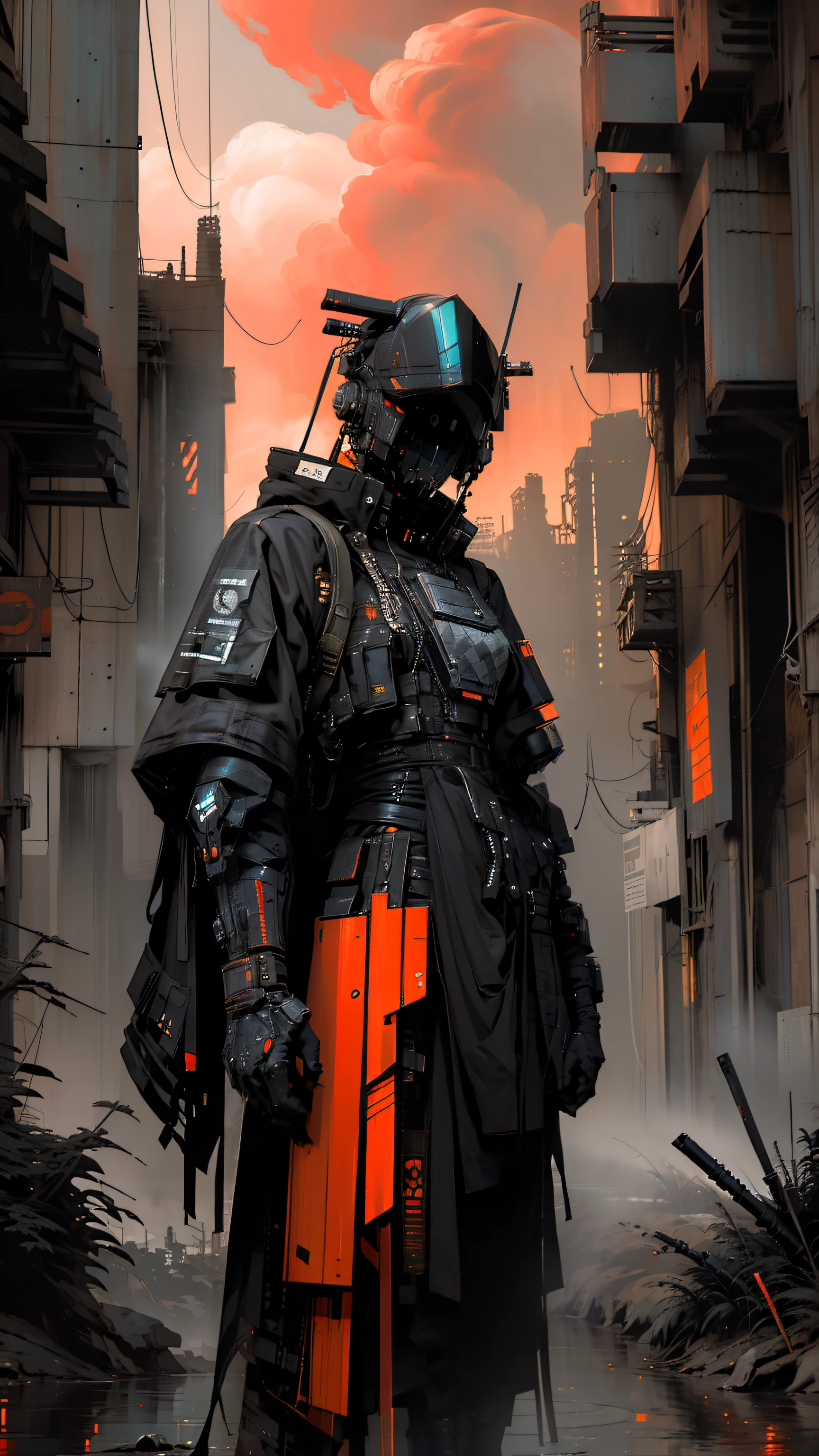 derpd, lethal geisha cyborg assassin wearing hooded kimono & armor, futuristic ski sunglasses, danger, red-orange sky, post apocalyptic art, neon horror, sci-fi, glitchcore, cgsociety, modern european ink painting, androgynous, mixed media, dystopian art, black and Neon cosmic art, analog horror, nightmarefuel, space punk, glitchcore, hauntingly beautiful, beautifully ominous. A world class female cyborg in stunning HD, world class art, unique, modern masterpiece, exceptional, exquisite, dark fantasy, apocalypse art, calotype