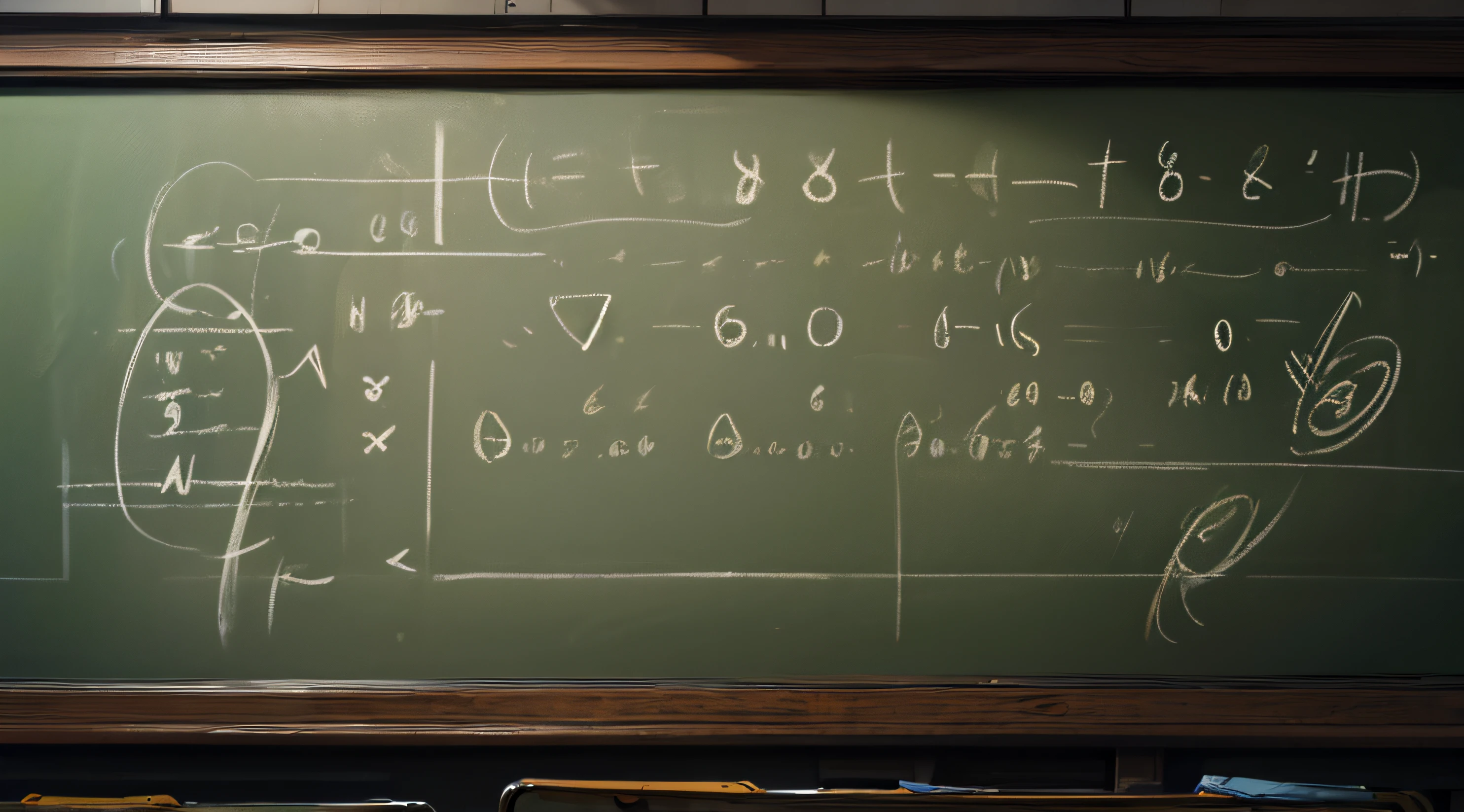 ((Masterpiece)), ((Best Quality)), A close-up of a teacher's hand writing on a chalkboard, illustrating a complex mathematical equation.