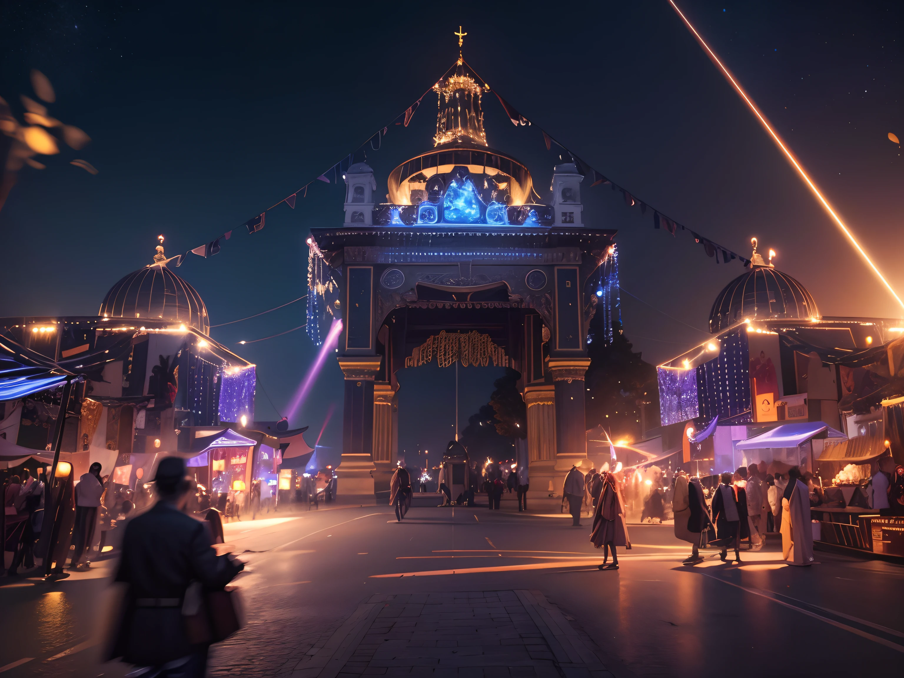 A beautiful monument glittering in night, beautiful sky, festival, people, lights, night, hyper realistic, 8k