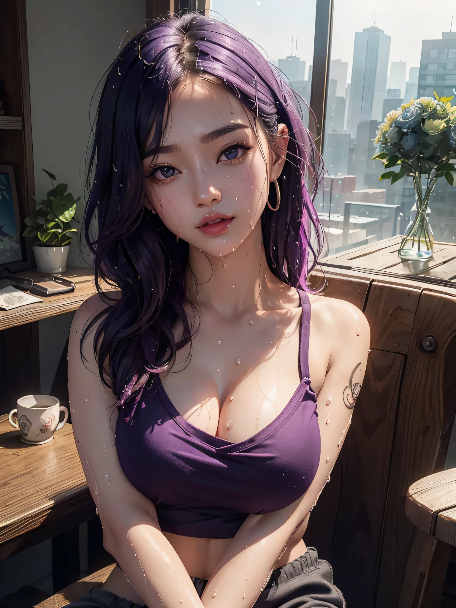 SeaArt Bot ,Upscaling 、RAW Photography、top-quality、​masterpiece:1.2)、(realisitic、photoRealstic:1.37)、1girl in、Nepali、25-years old、femele、(deep in the night)、sunlights、a room、Daytime cityscape seen from the window、Studio Lighting、face lights、photon maping、Radio City、Purple hair、A detailed face、detailed lips、A detailed eye、More skin、二重まぶた、(Huge round:1.3)、((Exposure))、(T-shirt and joggers、Nepal)、(T-shirt)、(Wearing a T-shirt and joggers)、((no brassiere)))、Exposed 、exposed shoulder、Thigh exposure、(camel's toe)、perfectbody、shinny skin、(Body wet with sweat:1.2)、smirkface、((sitting on))、Make eye contact with the camera、Lens blur for background camera、depth of fields、35 m、ultra-detailliert、ultra-quality、flawless、Anime tattoo on right hand、((Vintage style photography 1:1)),((NSFW 1:0))