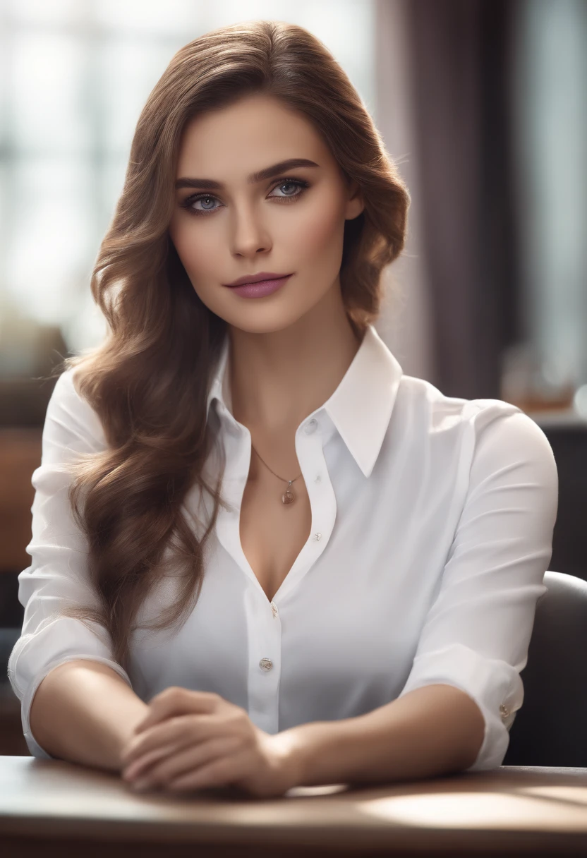 dryad々....., high-detail, master piece, ultra-detailliert, (Realistic:1.2), 1girl in, ( Cafe Background),, Delicate eyes, A dark-haired, Purple eyes, Braided bow hair, (Clear Buttons White Tight Office Shirt:1.3),Hair length, light_ear, diadems_braid, deadpan, Straight hair, (++ Seated: 1.2), large boob,Lifelike,Soft colors,put on glasses