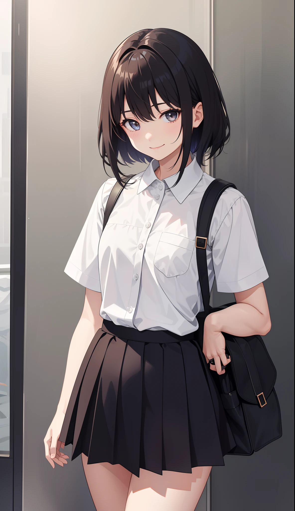 1girl in、AS-Adult、A smile、The shirt、skirt by the、（small tits）、Walking with a thigh、Upper body portrait、