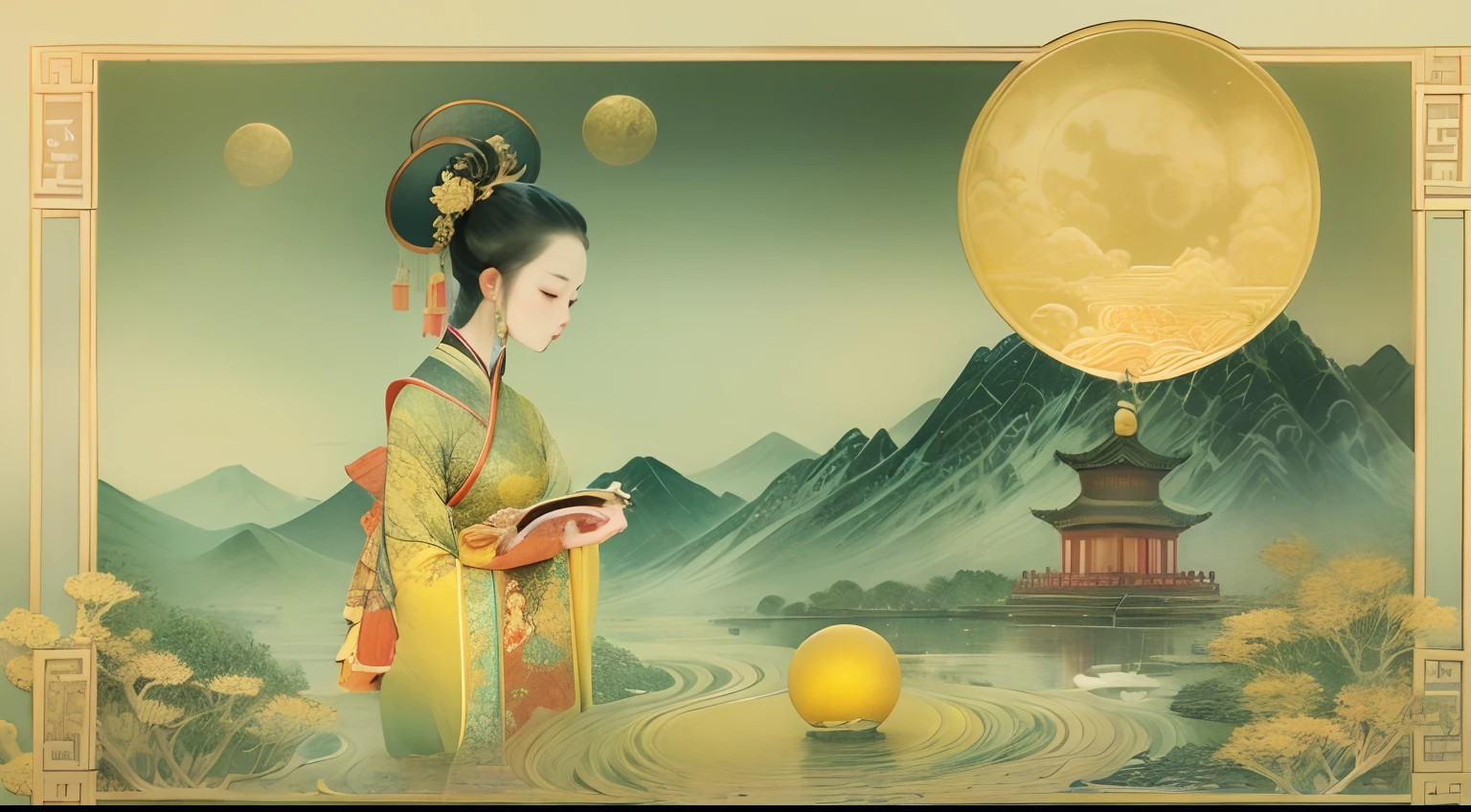 Bright, round golden yellow cratered moon，Chang'e fairy holds the jade rabbit in her hand，Round mooncakes of various colors with patterns，The background is in an empty field，lakes，mountain peaks, etc，It creates a tranquil atmosphere，