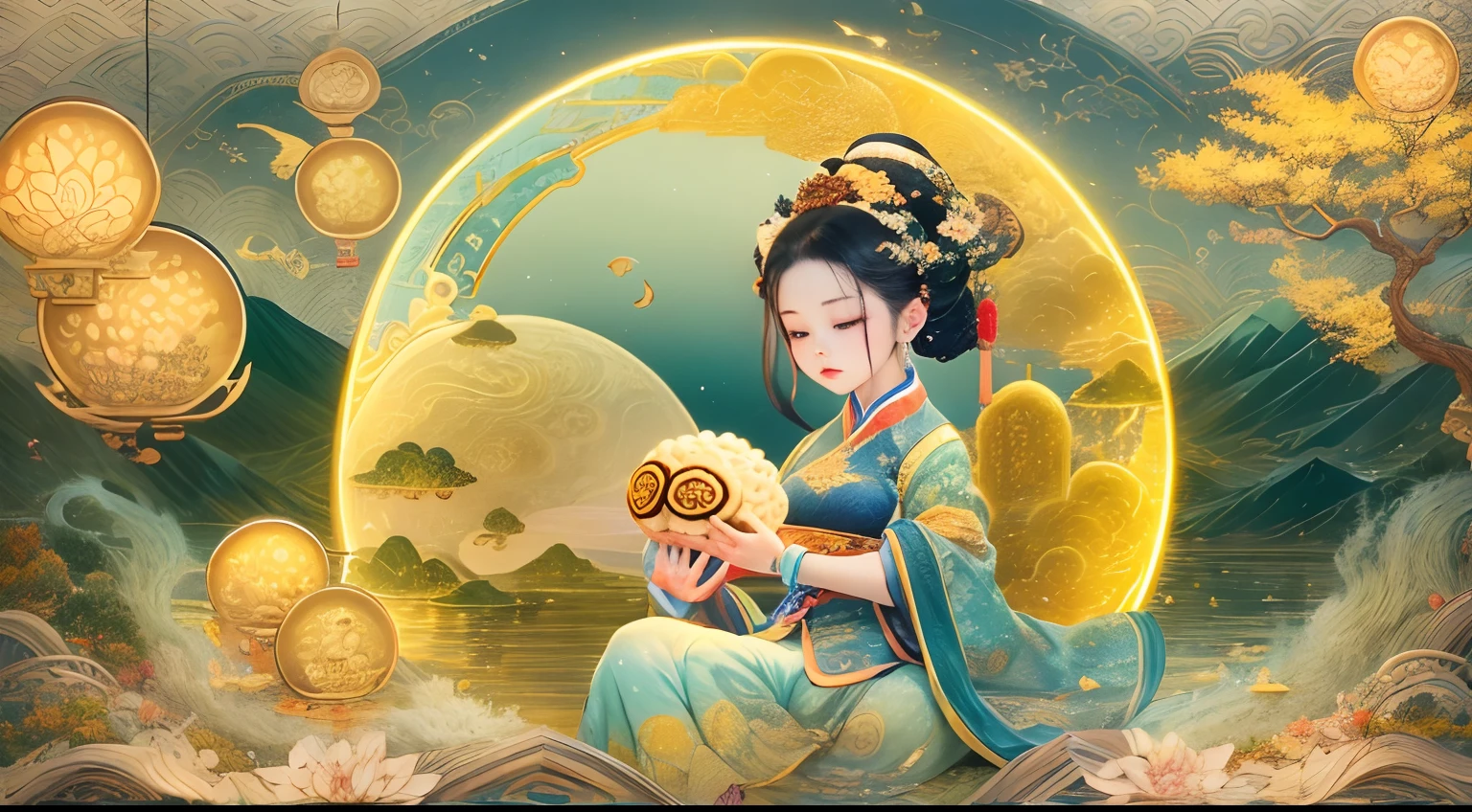 Bright, round golden yellow cratered moon，Chang'e fairy holds the jade rabbit in her hand，Round mooncakes of various colors with patterns，The background is in an empty field，lakes，mountain peaks, etc，It creates a tranquil atmosphere，