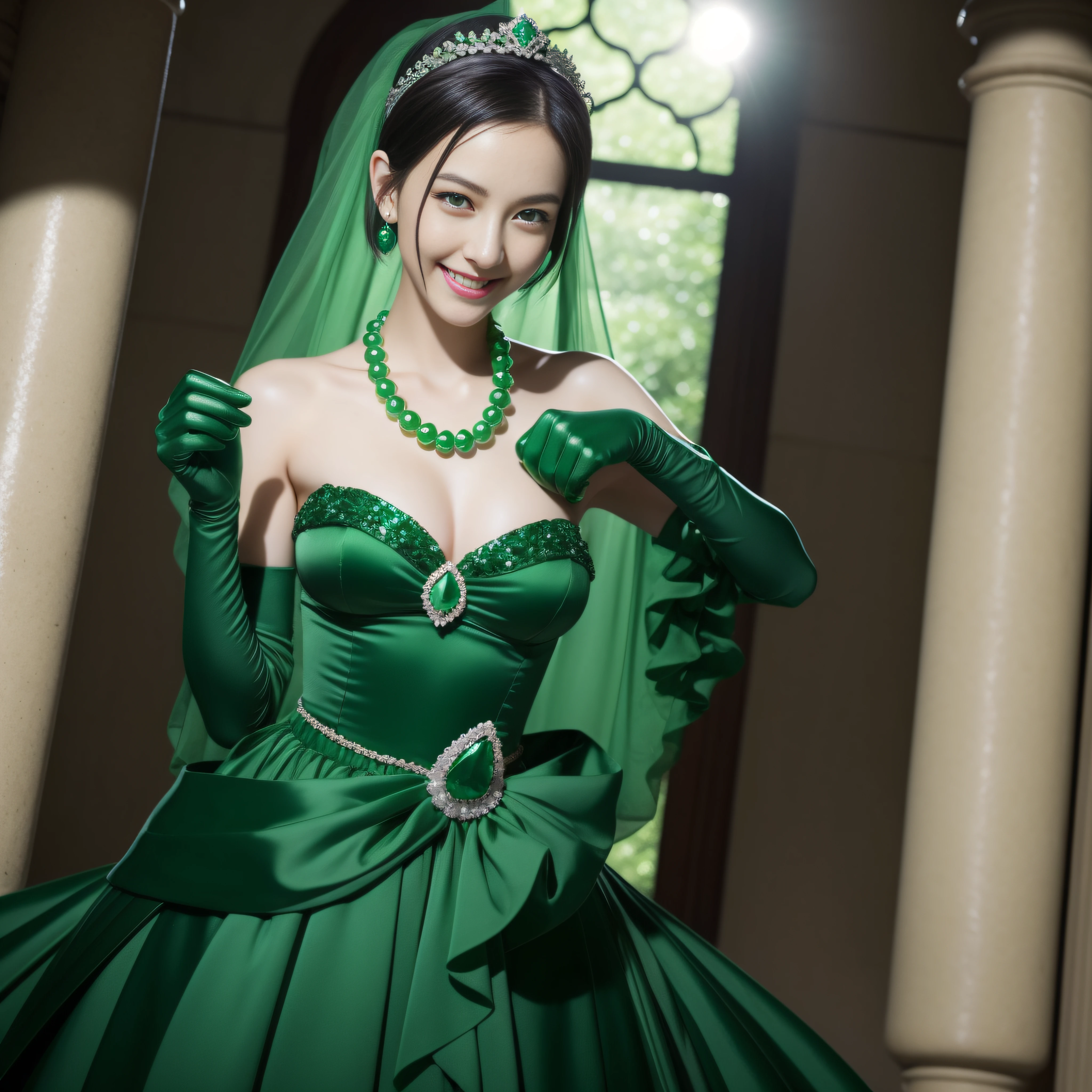 emerald tiara, Green Pearl Necklace, Boyish very short black hair, lipsticks, Japan woman smiling, very very short green hair, big breasts beautiful, Green eyes, Long green gloves made of satin material, Green eyes