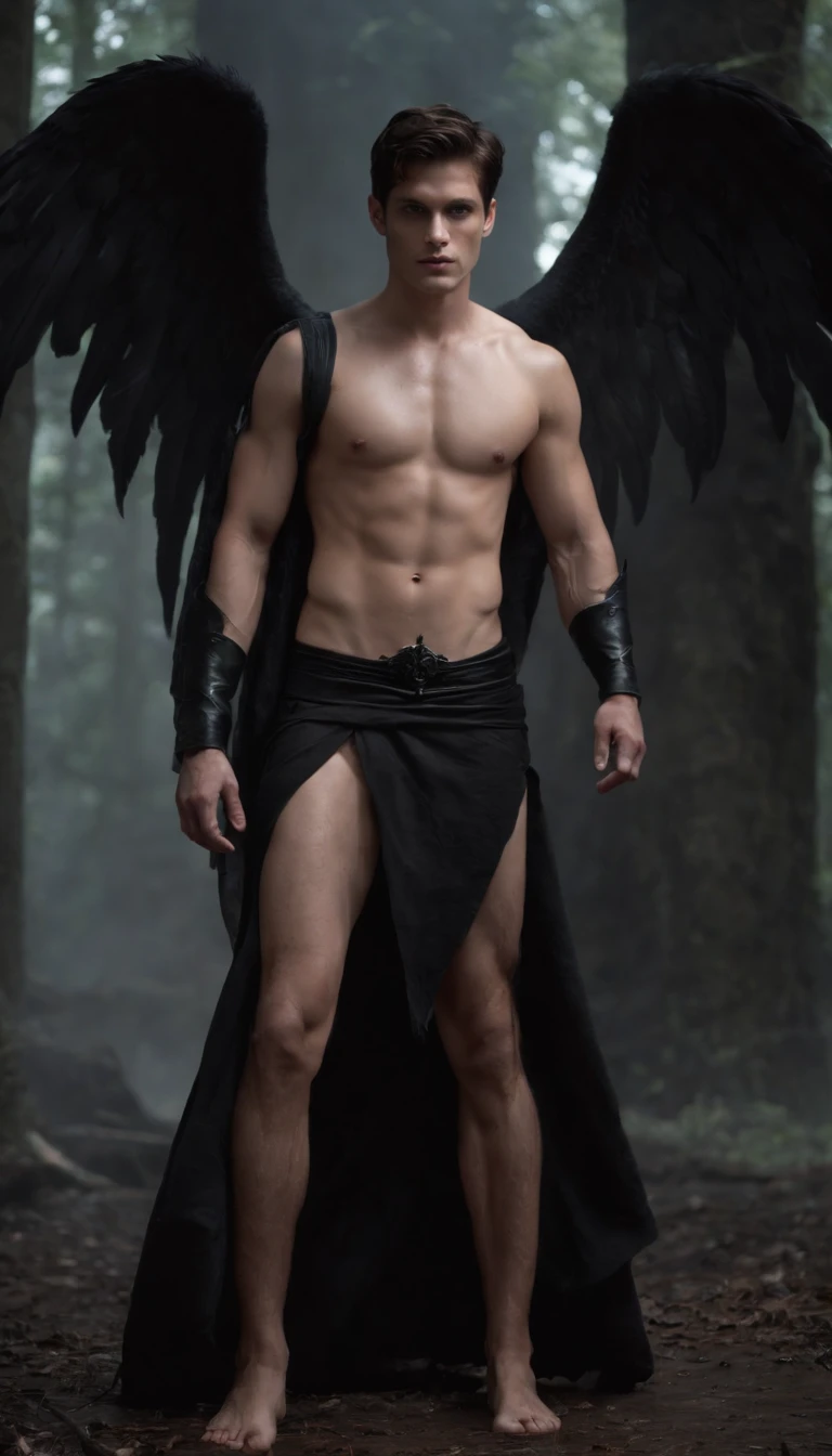 {Create a full-body shot dark fantasy illustration of} a shirtless, barefoot, pantless, 23-year-old male model with short dark hair who is {embodying} Devil's, the fallen angel, {who is looking at the camera and displaying his entire defined fit body, including his amazing abs, great chest, impressive arms, and great legs, while wearing a skirt-like super short black loincloth}. {He should radiate flawlessness, with a deep dark and evil presence, short messy dark hair, a strong jawline, and great deep blue eyes}. {Position him} in a vast, gothic cathedral, {with the floor submerged in black whaters}, creating an ominous and supernatural setting. {Use} a combination of digital illustration techniques to {enhance} the dark fantasy aspect, {and include} intricate details in Devil's huge massive black wings coming out of his back, the wrinkles in his loincloth and his surroundings. {The full-body shot image should evoke} a sense of awe and dread, {capturing} the Devil's power while directly looking camera, hyper detail face, hd. 8k,
