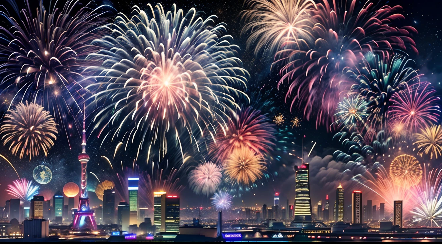 (Best quality, 32K, 24k, supreme, Masterpiece:1.2), Ultra-detailed, (Realistic, Photorealistic, photo-realistic:1.37), Vibrant colors, Explosive lights, Colorful sparks, dazzling display, Night sky, Space solar spacecraft, in the space, on moon, Cheerful ambiance, Joyful, Fireworks display, Light up the city skyline, shanghai,exhilarated, Thrilling, Bokeh, illumination, fire works, glimmering, electrified, grand finale, Huge explosion, dancers, carnival, amazement, firecrackers, pyrotechnics, Colorful bursts, awe-inspiring spectacle, View from the moon.