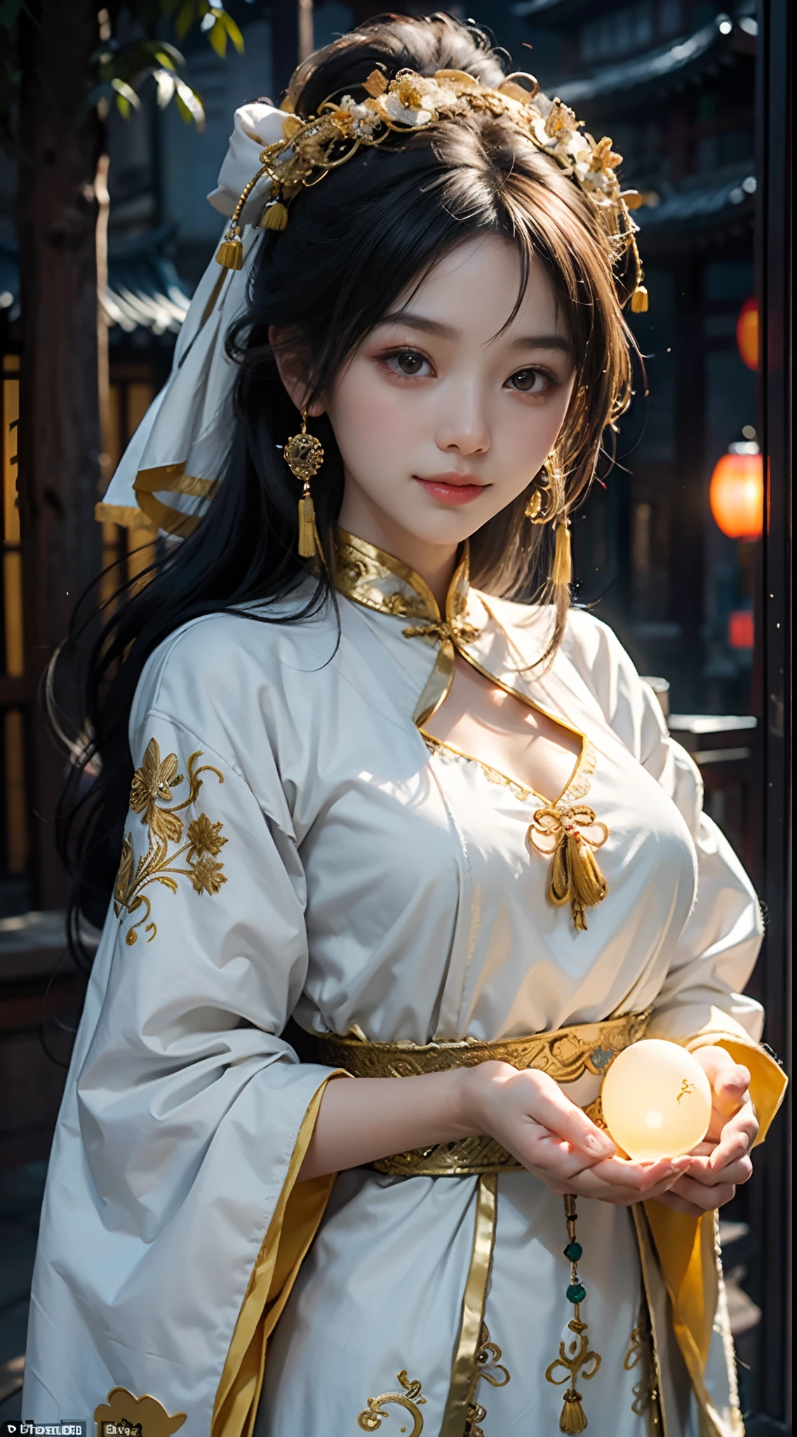 In the style of anime, A mysterious young woman,ssmile,Wearing yellow and white ancient Chinese costumes,There is embroidery on the neckline and cuffs,Hold glowing duck eggs,Cast a soft glow, ethereal glow upon her flawless features,Her costumes are a gorgeous blend of traditional Chinese culture and futuristic fantasies, Every detail of her face and costume is presented in extreme close-ups,The level of detail is extraordinary