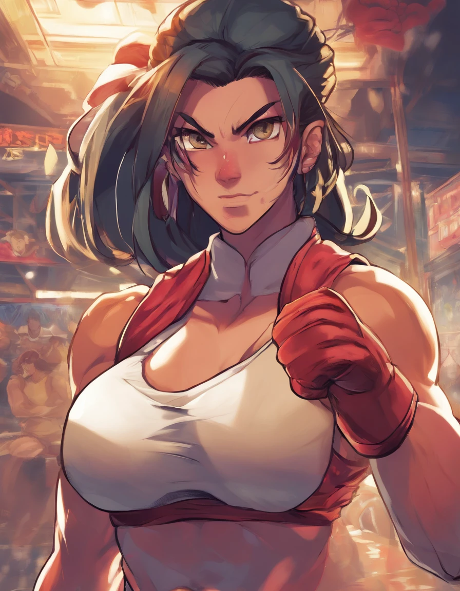 ,(8K, Best Quality, tmasterpiece:1.2),\(eye detailed\),(\(Detailed details of clothes\)\),full body Esbian,(super gigantic breast:1.5),(Ultra-wide breasts:1.5)(Facial Focus) ,Very detailed CG Unity 8K wallpaper,hugefilesize,ultra - detailed,hight resolution,absurderes,beautidful eyes,Ray traching,Dramatic shadows,Up to detail,Dramatic angles,((boxing Ring)),((A smile)),(((Skin shiny with sweat))),Delighted,Guts Pose,