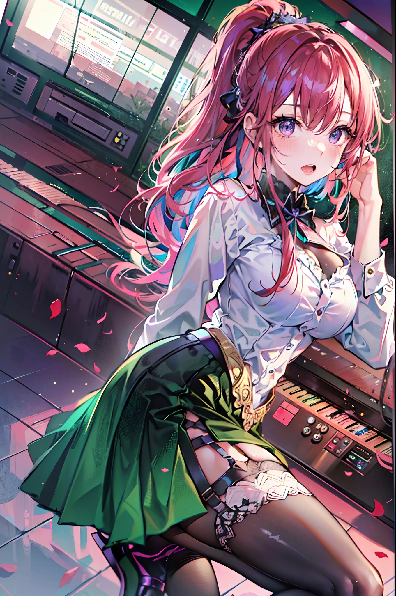 (Masterpiece, Best quality, High quality:1.4), Professional artwork, Intricate details, Field of View, Sharp focus, Detailed painting, Masterpiece, Cinematic lighting, trending on pixiv, (Vivid lighting, Vibrant colors, author：Nagasawa rose:1.05),
Hiroko Takashiro, (Mature female, A MILF:1.1), Solo, (Curvy:1.1), standing, (Full body shot:1.1),
(Red hair:1.05), Long hair, High ponytail, lipstick, Makeup, Ultra Detail Hair, Ultra Detail Face, (Purple eyes:1.05), Perfect eyes, Perfect face, (Confused, Blush:1.2),
shirt, (black thighhigns, a garter belt:1.1), zettai ryouiki, Pleated skirt, Green skirt, White shirt, high-heels,
(Large breasts:1.1), cleavage, Big ass, Thighs,