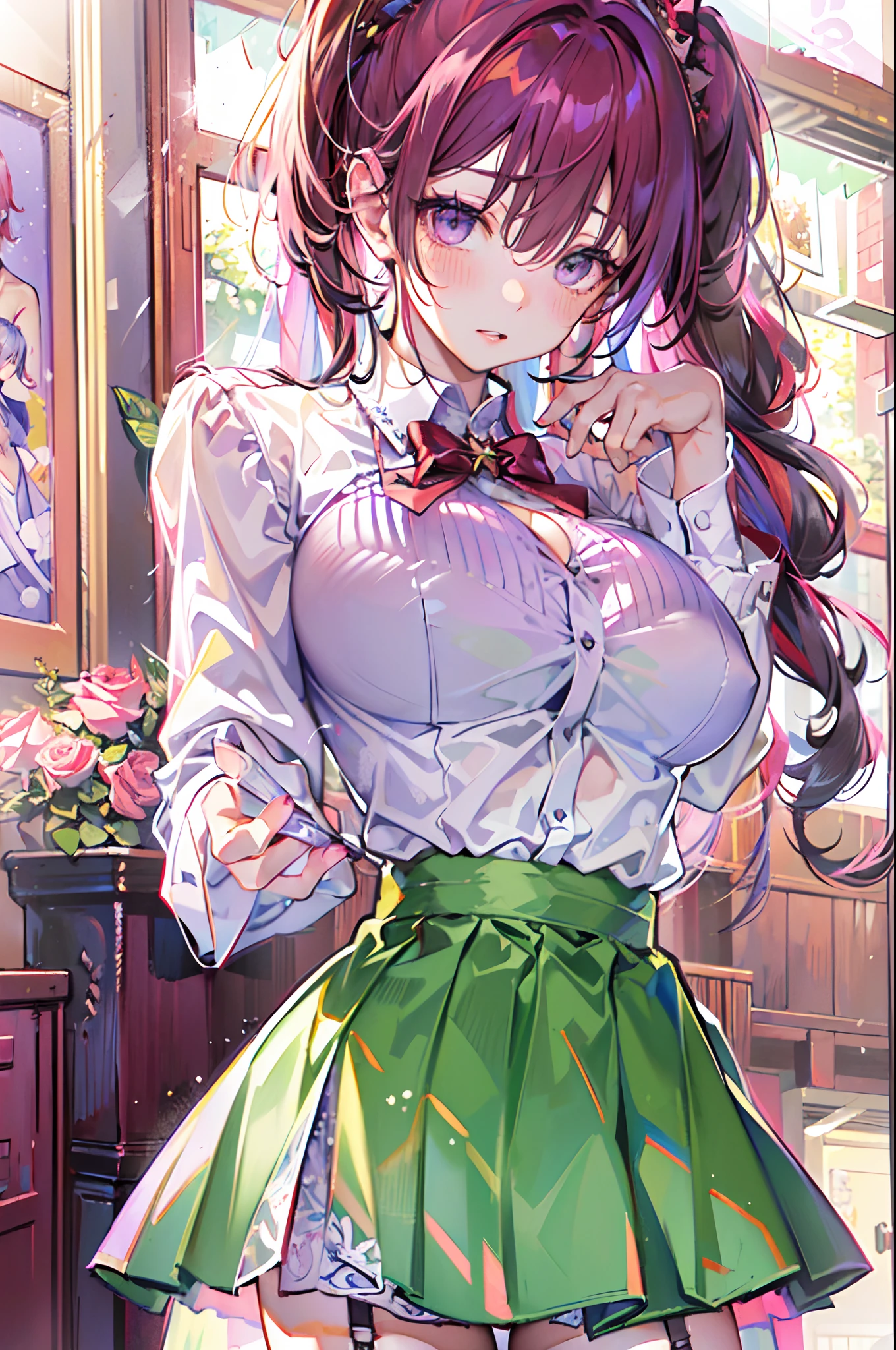 (Masterpiece, Best quality, High quality:1.4), Professional artwork, Intricate details, Field of View, Sharp focus, Detailed painting, Masterpiece, Cinematic lighting, trending on pixiv, (Vivid lighting, Vibrant colors, author：Nagasawa rose:1.05),
Hiroko Takashiro, (Mature female, A MILF:1.1), Solo, (Curvy:1.1), standing, (Full body shot:1.1),
(Red hair:1.05), Long hair, High ponytail, lipstick, Makeup, Ultra Detail Hair, Ultra Detail Face, (Purple eyes:1.05), Perfect eyes, Perfect face, (Confused, Blush:1.2),
shirt, (black thighhigns, a garter belt:1.1), zettai ryouiki, Pleated skirt, Green skirt, White shirt, high-heels,
(Large breasts:1.1), cleavage, Big ass, Thighs,