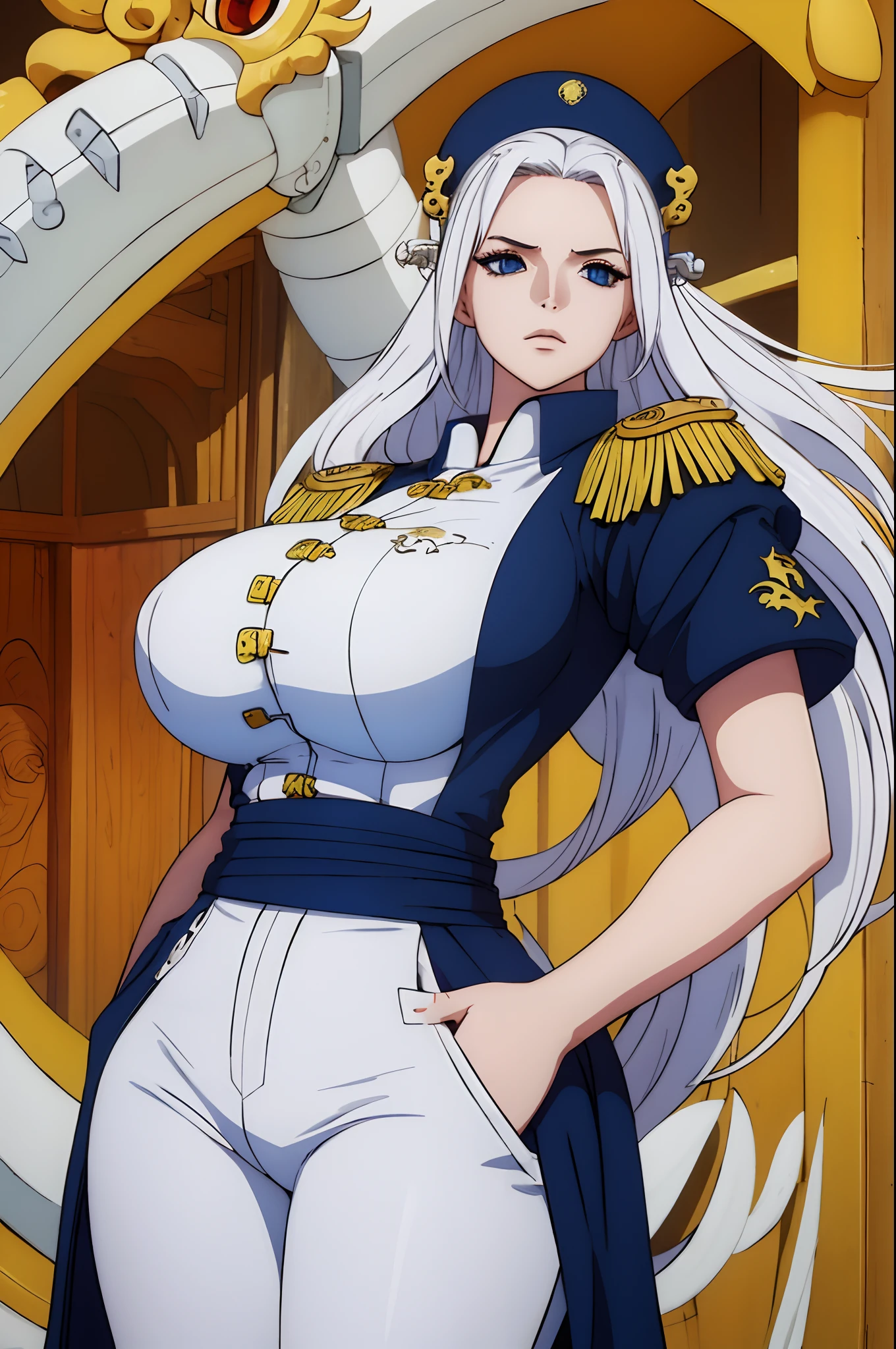 (masterpiece), best quality, expressive eyes, perfect face, 1girl, long hair, white hair, huge breasts, large breasts, thick thighs, curvilinear waist, blue shirt, white pants uniform, muscular female, dark blue eyes, gold adornments, curvy waist, juicy waist, with lightning around the body, dragon girl, monster girl, Navy Army Uniform, with a cut scar on his left eye, wearing a monocle, young female, oriental dragon, chinese dragon, with your hands in your pockets, full body shot